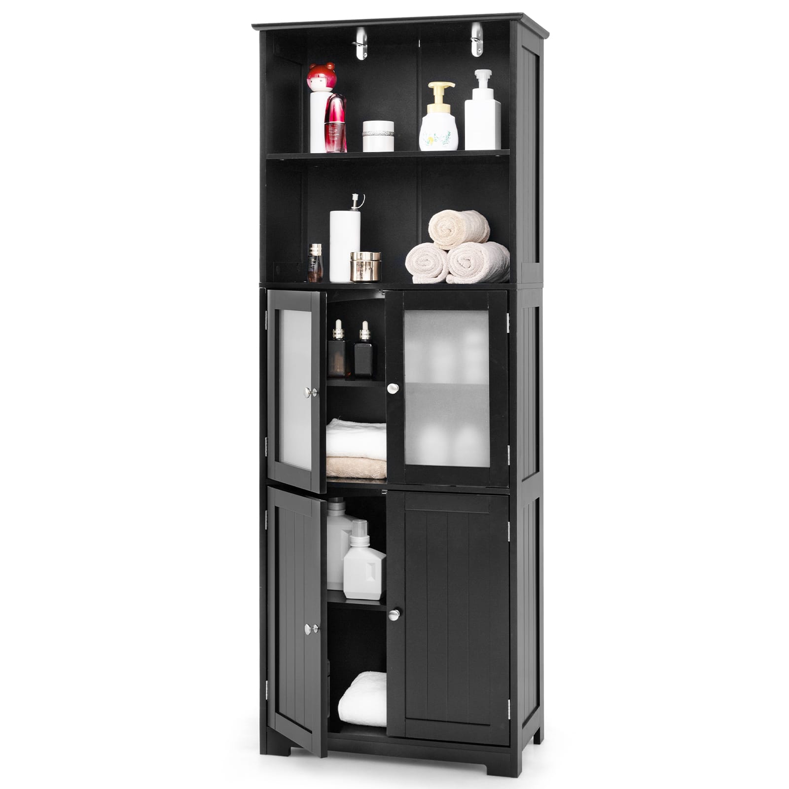 Gymax - Bathroom Tall Storage Cabinet Linen Tower w/ Glass Door & Adjustable Shelf - Black