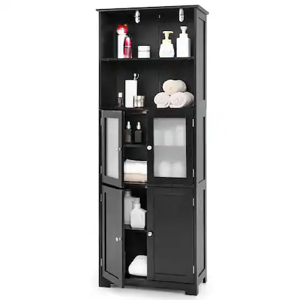 Front. Gymax - Gymax Bathroom Tall Storage Cabinet Linen Tower w/ Glass Door & Adjustable Shelf Black - Black.
