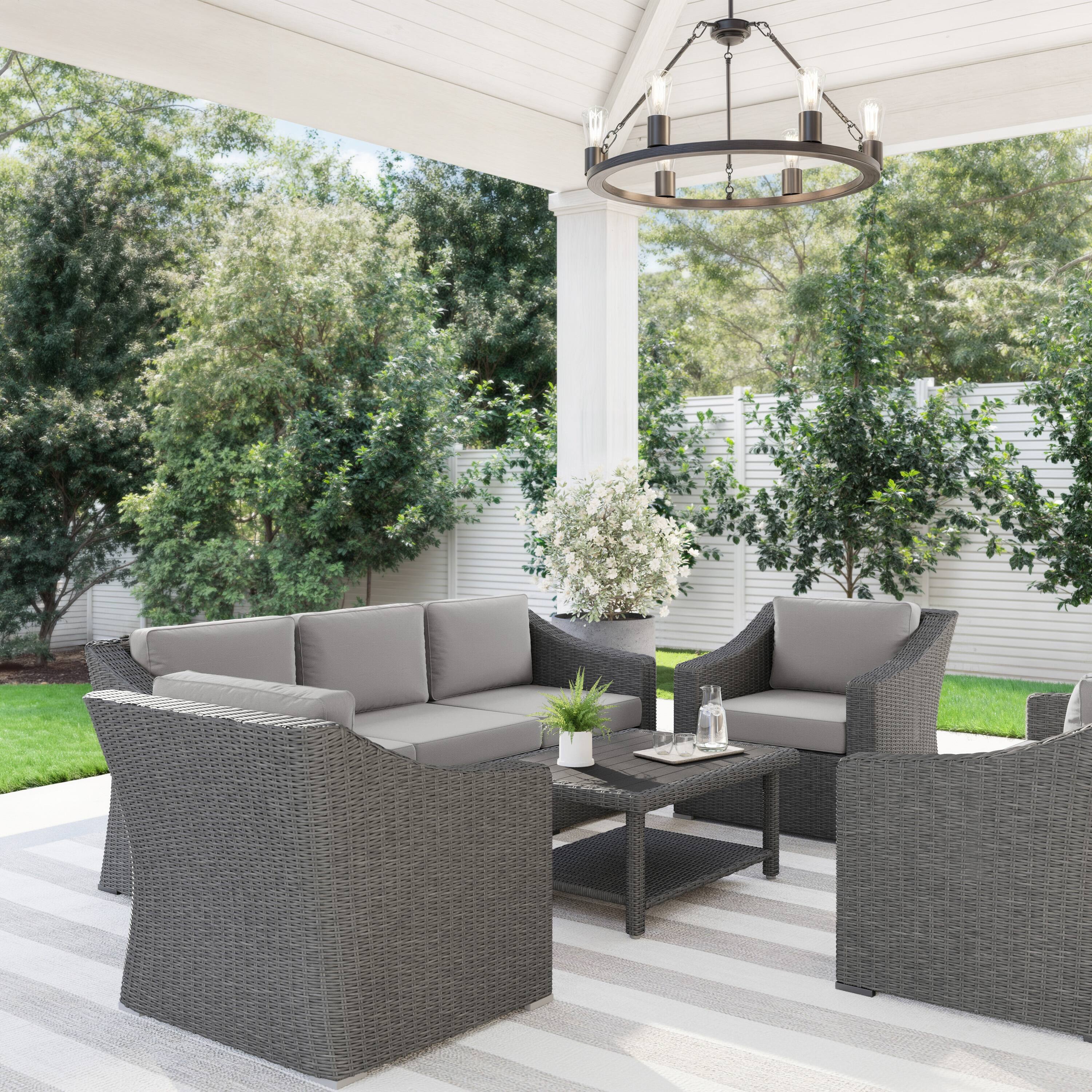 Alt View 1. Martha Stewart - Bedford 4pc Outdoor Rattan Wicker Patio Conversation Set with All-Weather Cushions - Gray Cushions/Gray Frame.