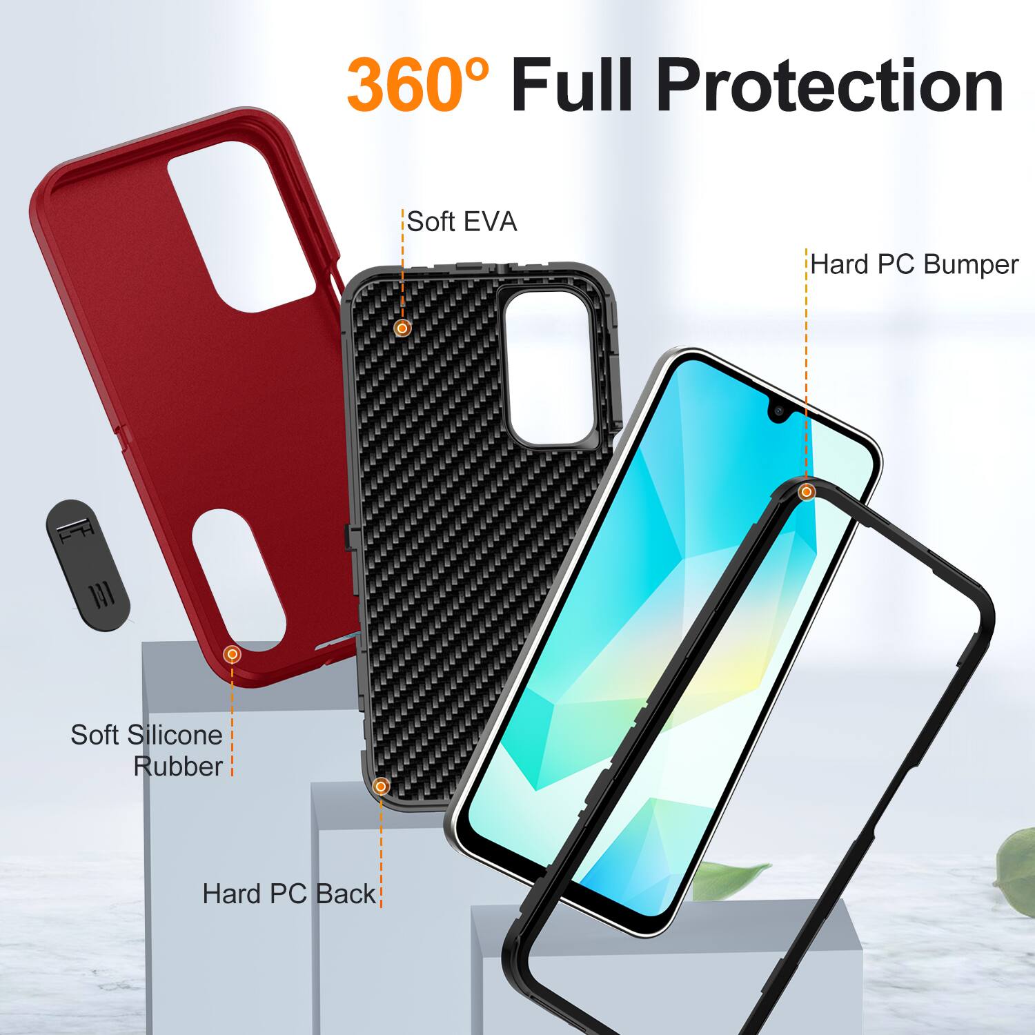 360° Full Protection

- Soft EVA
- Hard PC Bumper
- Soft Silicone Rubber
- Hard PC Back