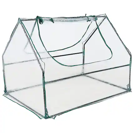 Front. Sunnydaze - 4 x 3 ft Iron PVC Panel Mini Greenhouse with 2 Doors - Clear.