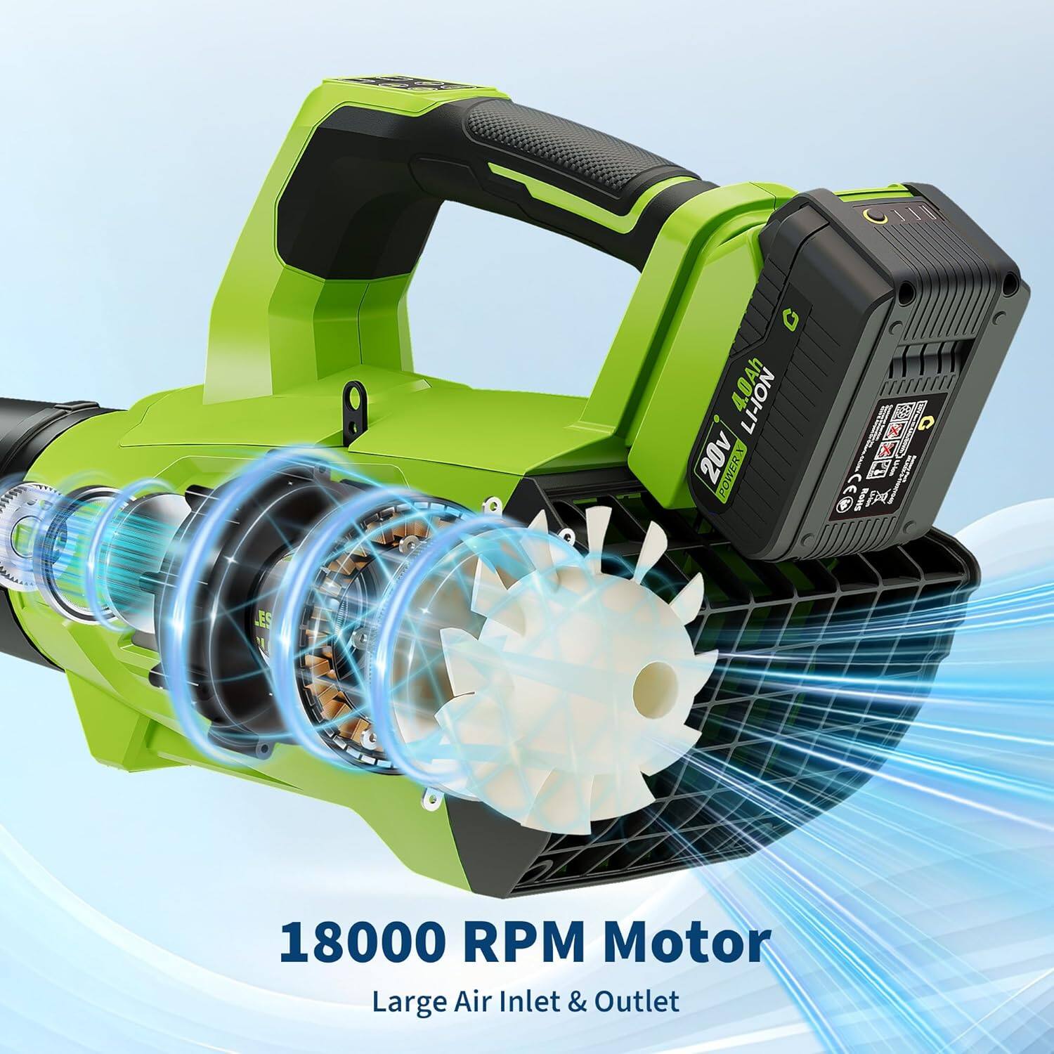 20V LI-ION POWER D  
18000 RPM Motor  
Large Air Inlet & Outlet