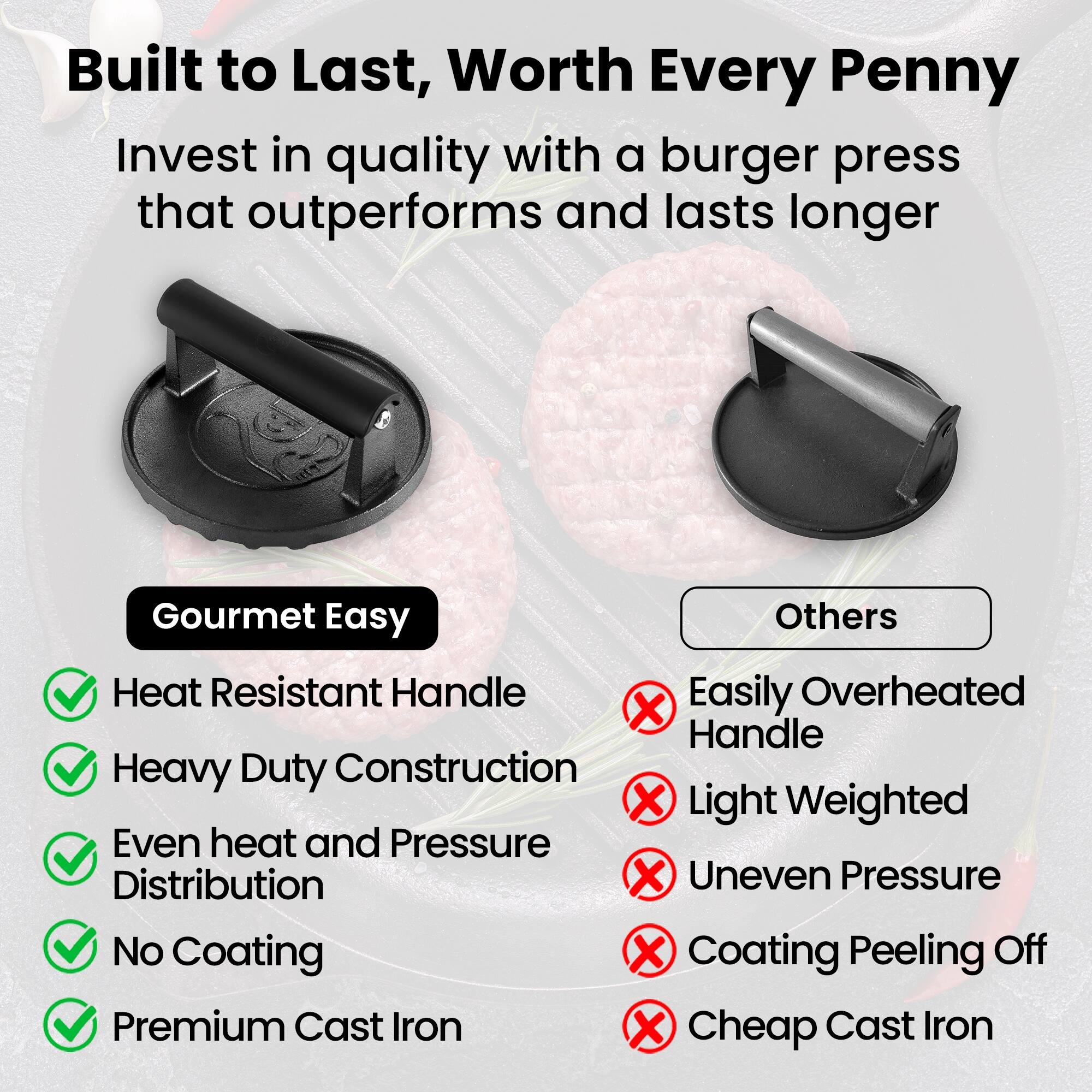 Alt View 2. Gourmet Easy - Smash Burger Press for Griddle, 2 lb Heavy Duty Burger Smasher Tool with Heat-Resistant Handle, Premium Cast Iron - Black.