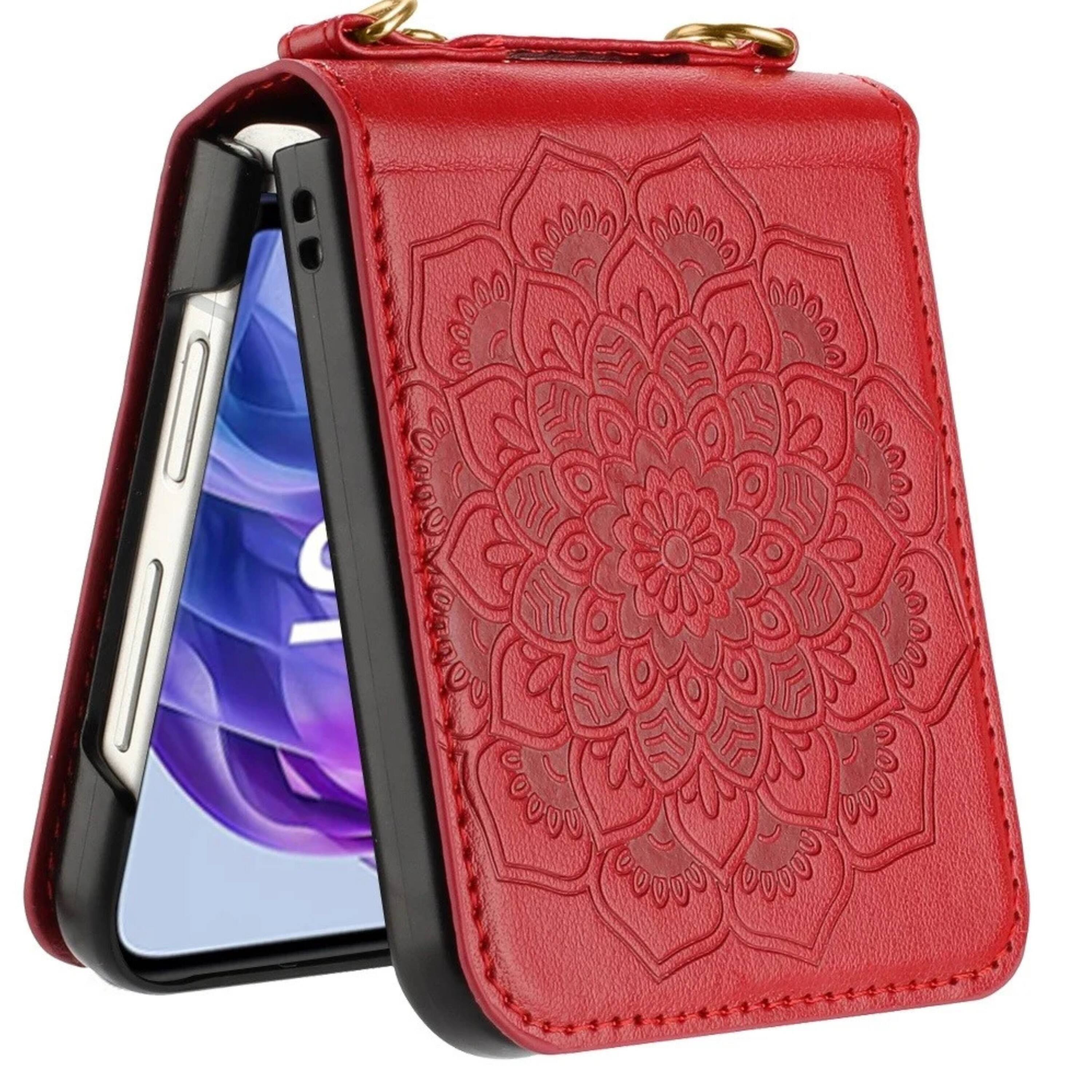 Angle. Kitcheniva - Embossed Vegan Leather Case With Shoulder Strap For Motorola Razr Plus 2024 Red - Red.