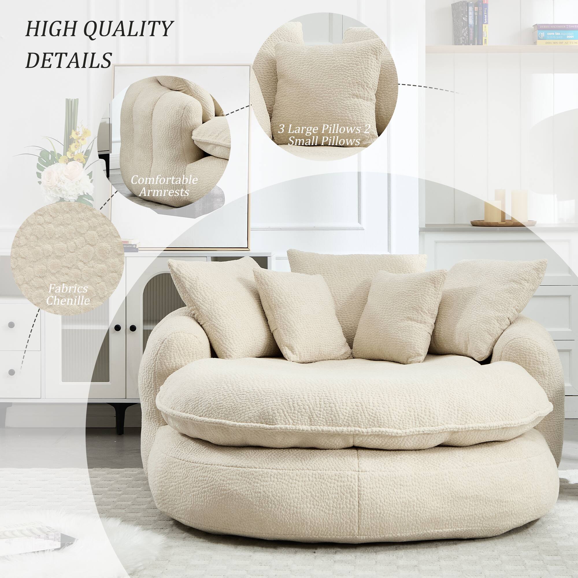 HIGH QUALITY DETAILS

- Comfortable Armrests
- Fabrics Chenille
- 3 Large Pillows 2 Small Pillows