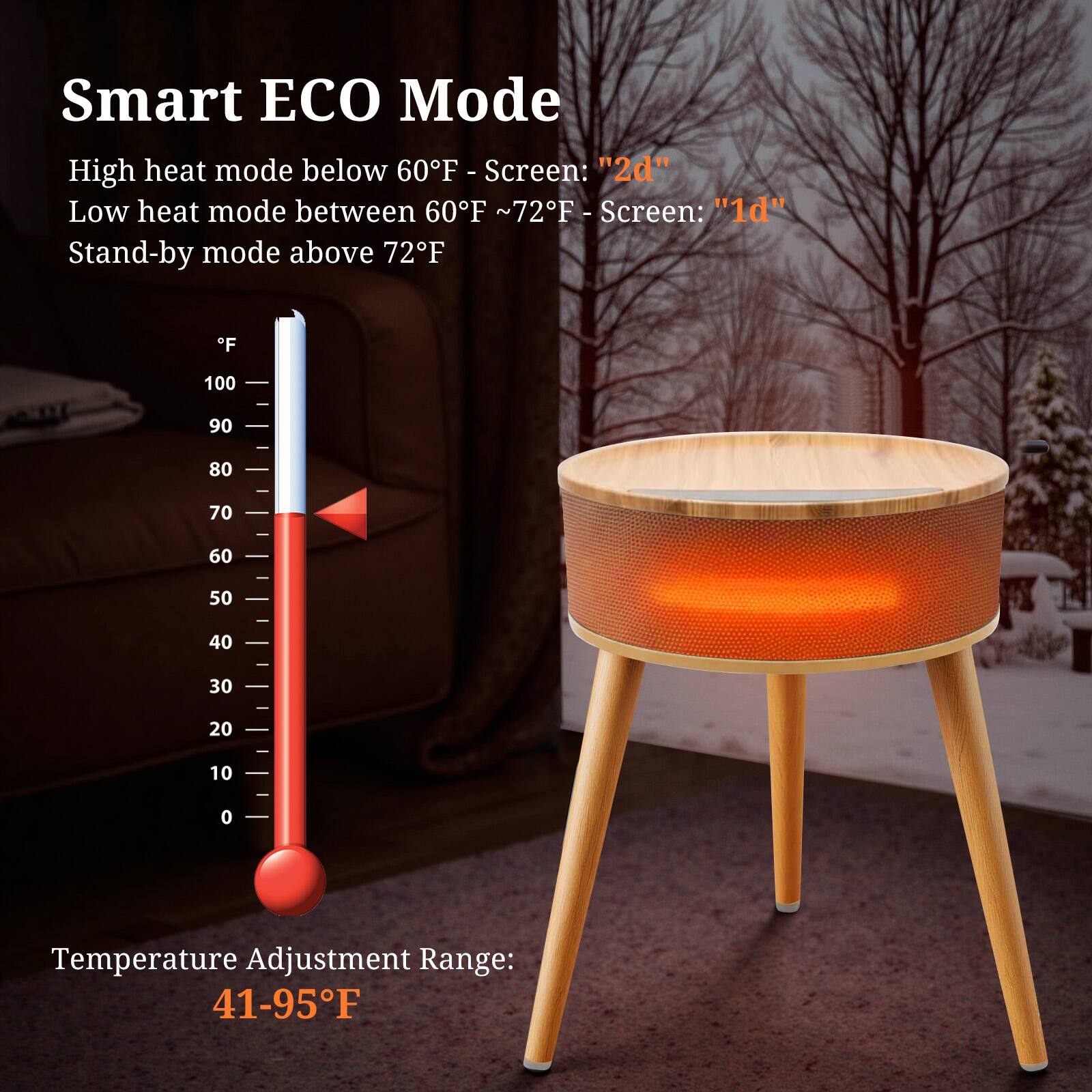 Smart ECO Mode

High heat mode below 60°F - Screen: "2d"  
Low heat mode between 60°F ~72°F - Screen: "1d"  
Stand-by mode above 72°F

Temperature Adjustment Range: 41-95°F
