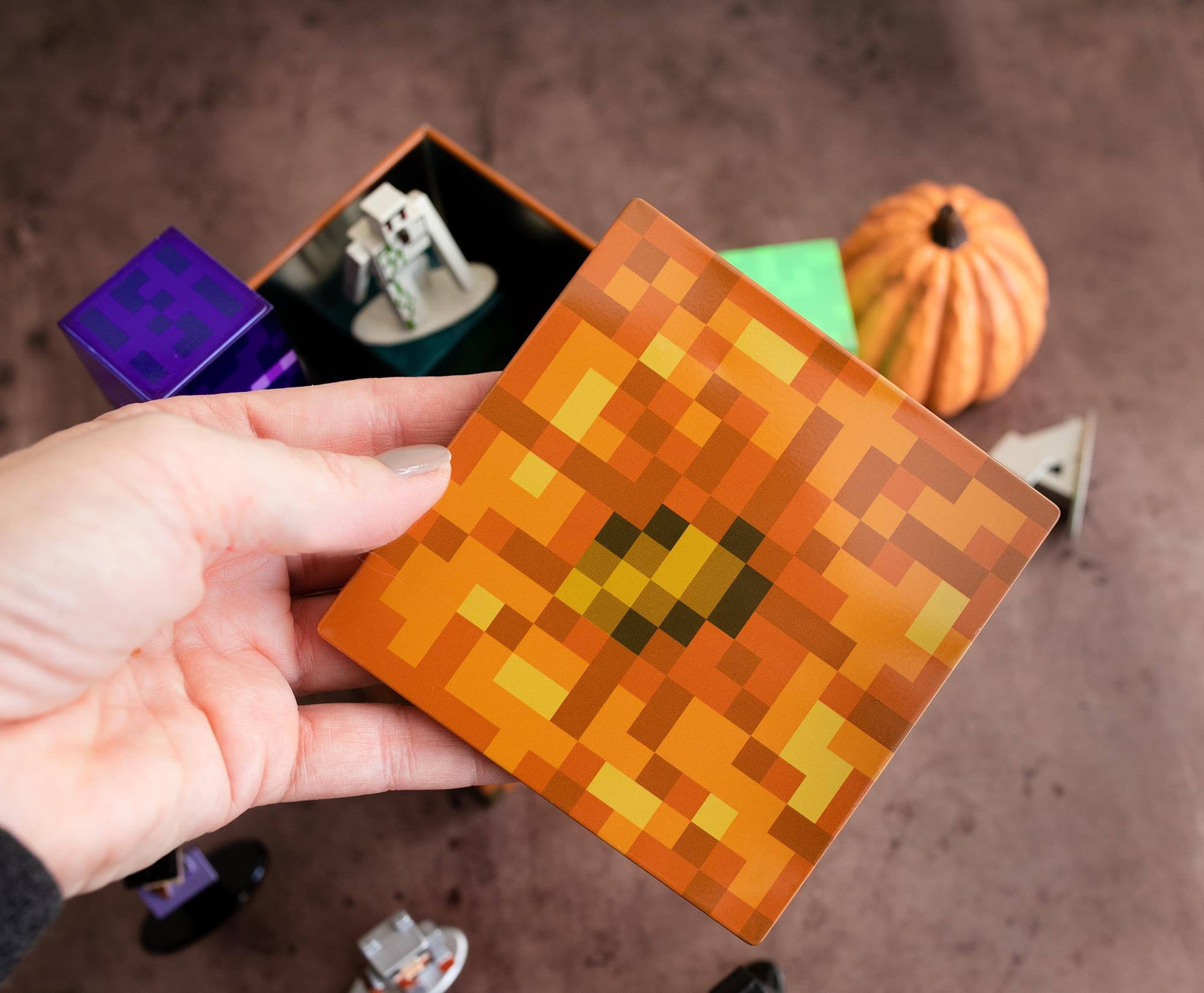 Alt View 3. Ukonic - Minecraft Jack O'Lantern Tin Storage Box Cube Organizer with Lid | 4 Inches - Brown.