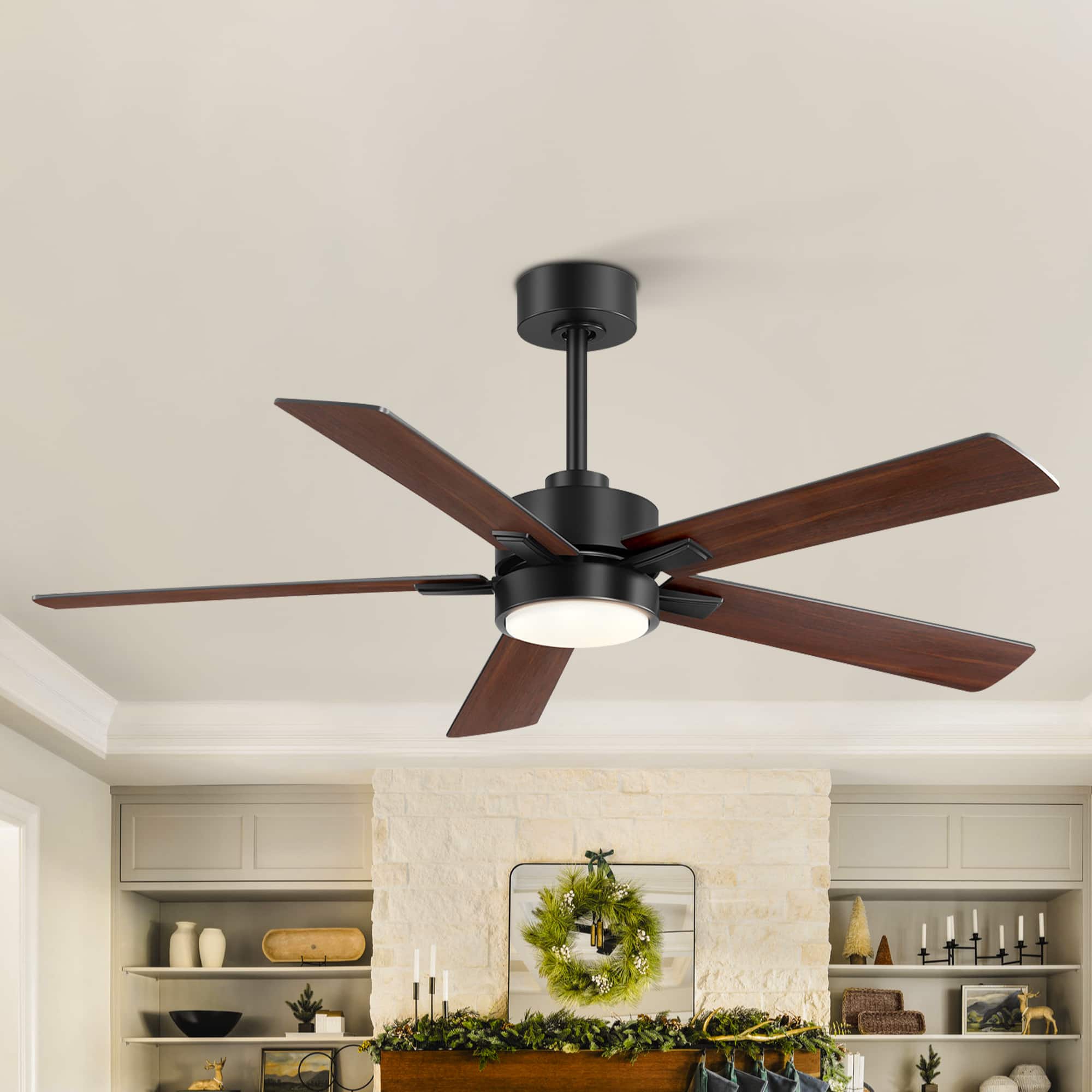 Front. Breezary - 52" Modern Indoor Ceiling Fan with LED Light, 5 Reversible Plywood Blades, 6-Speed DC Motor, Remote, Timer, 5" Downrod - Matte Black and Two-tone Wood Grain.