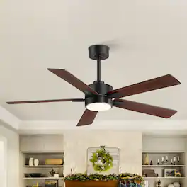 Breezary - 52" Modern Indoor Ceiling Fan with LED Light, 5 Reversible Plywood Blades, 6-Speed DC Motor, Remote, Timer, 5" Downrod - Matte Black and Two-tone Wood Grain