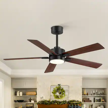 Front. Breezary - 52" Modern Indoor Ceiling Fan with LED Light, 5 Reversible Plywood Blades, 6-Speed DC Motor, Remote, Timer, 5" Downrod - Matte Black and Two-tone Wood Grain.