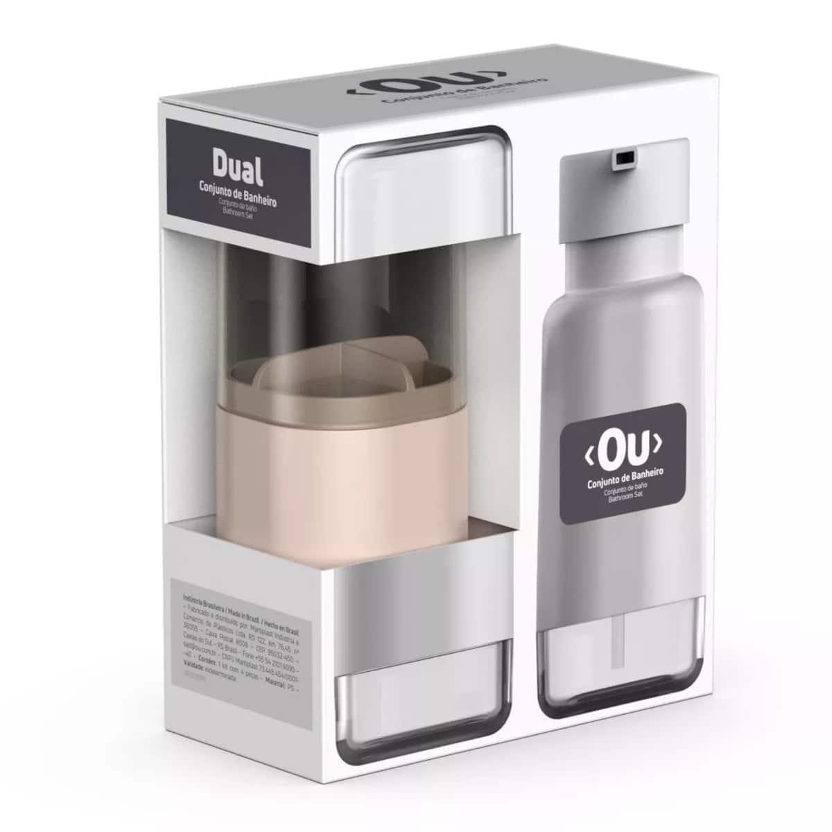 OU - Soap Dispenser & Toothbrush Holder, Dual Bathroom Set 17oz Soap Dispenser, Nonslip Brush Holder - Beige