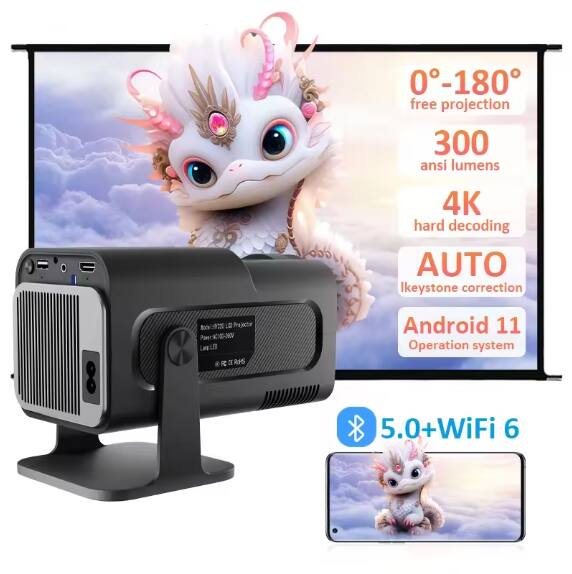 0-180° free projection  
300 ansi lumens  
4K hard decoding  
AUTO keystone correction  
Android 11 Operation system  
5.0+ WiFi 6