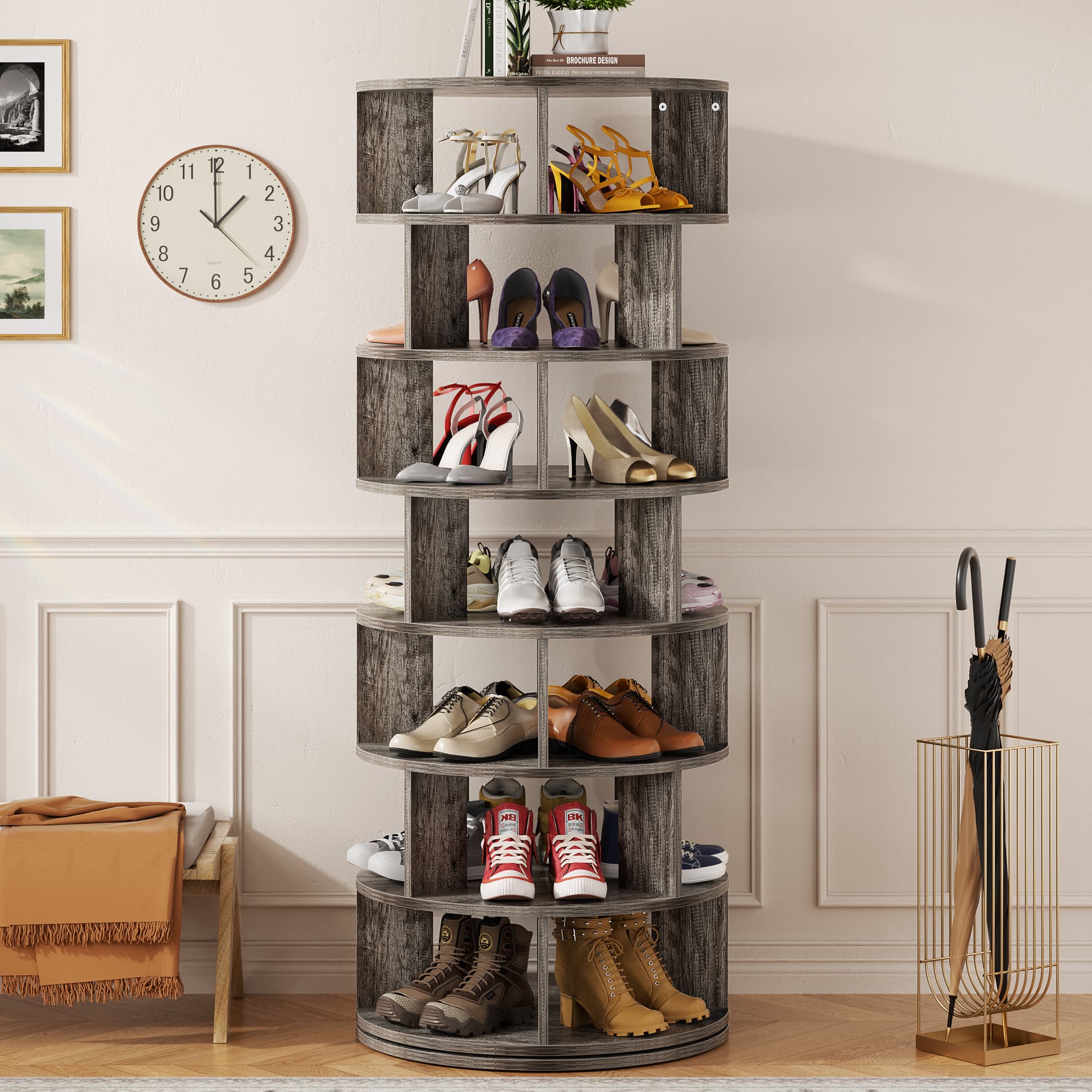 Aheaplus - 7-Tier 360° Rotating Shoe Rack Tower - Vertical MDF Organizer for Closet Storage, Free-Standing Lazy Susan Display - Gray Oak