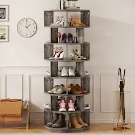 Aheaplus - 7-Tier 360° Rotating Shoe Rack Tower - Vertical MDF Organizer for Closet Storage, Free-Standing Lazy Susan Display - Gray Oak