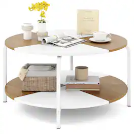 Gymax - 2-Tier Round Coffee Table w/Storage Shelf Metal Frame for Living Room Apartment Brown - White