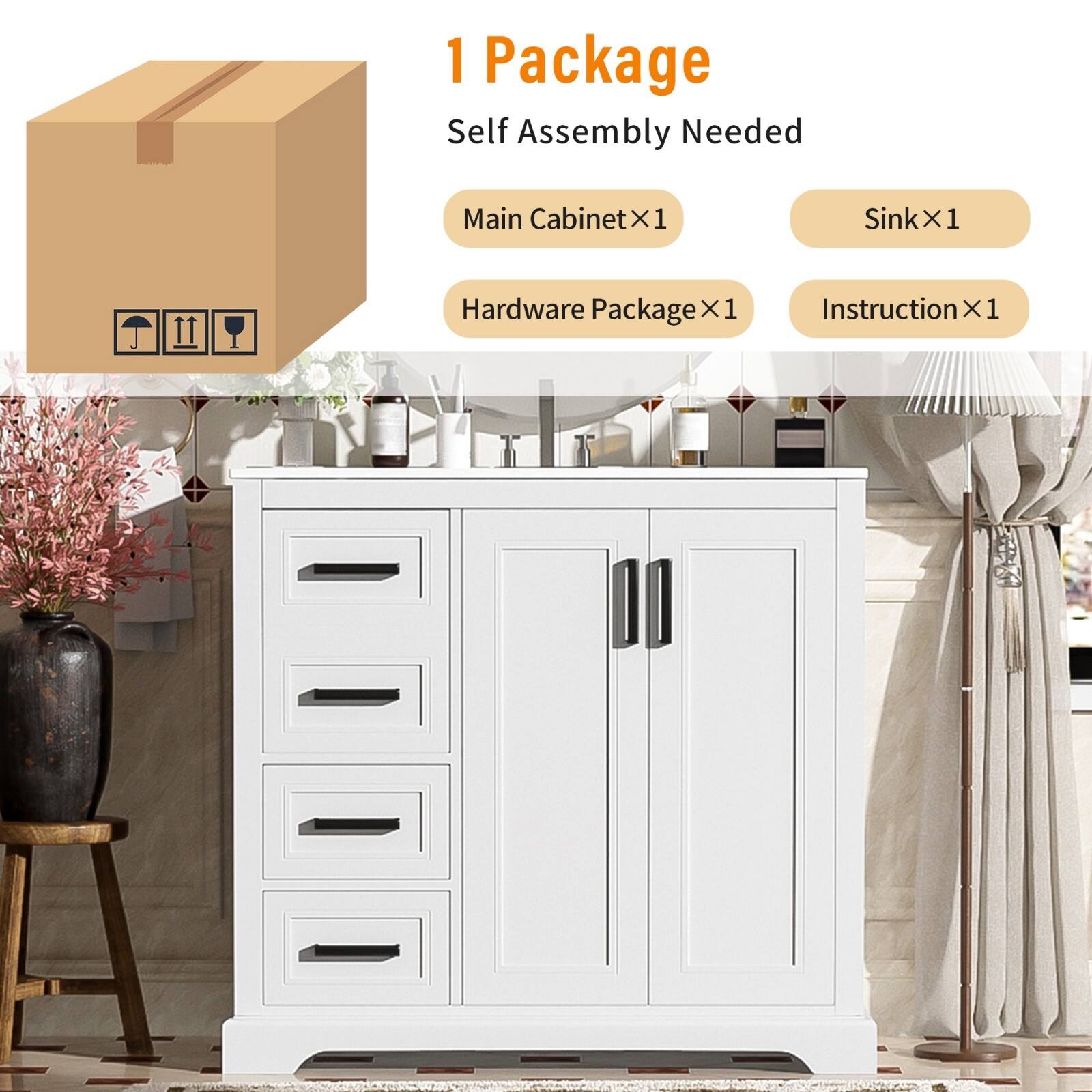 1 Package  
Self Assembly Needed  
Main Cabinet x1  
Sink x1  
Hardware Package x1  
Instruction x1