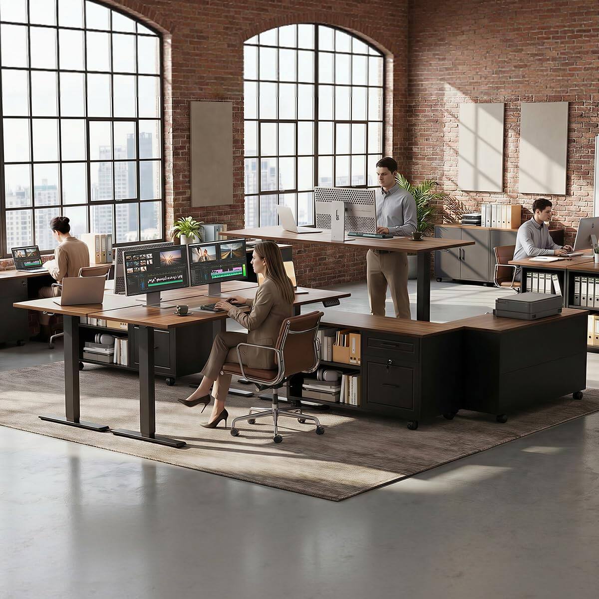 Alt View 8. OffiGo - L Shaped Electric Standing Desk with Drawers & File Cabinet, Height Adjustable Computer Desk for Home Office - Walnut+black.
