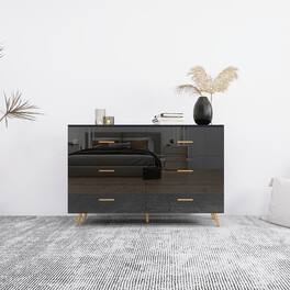 APRILSOUL - High Glossy Surface 6 Drawers Chest of Drawer with Golden Handle and Golden Steel Legs Color Vanity - Black