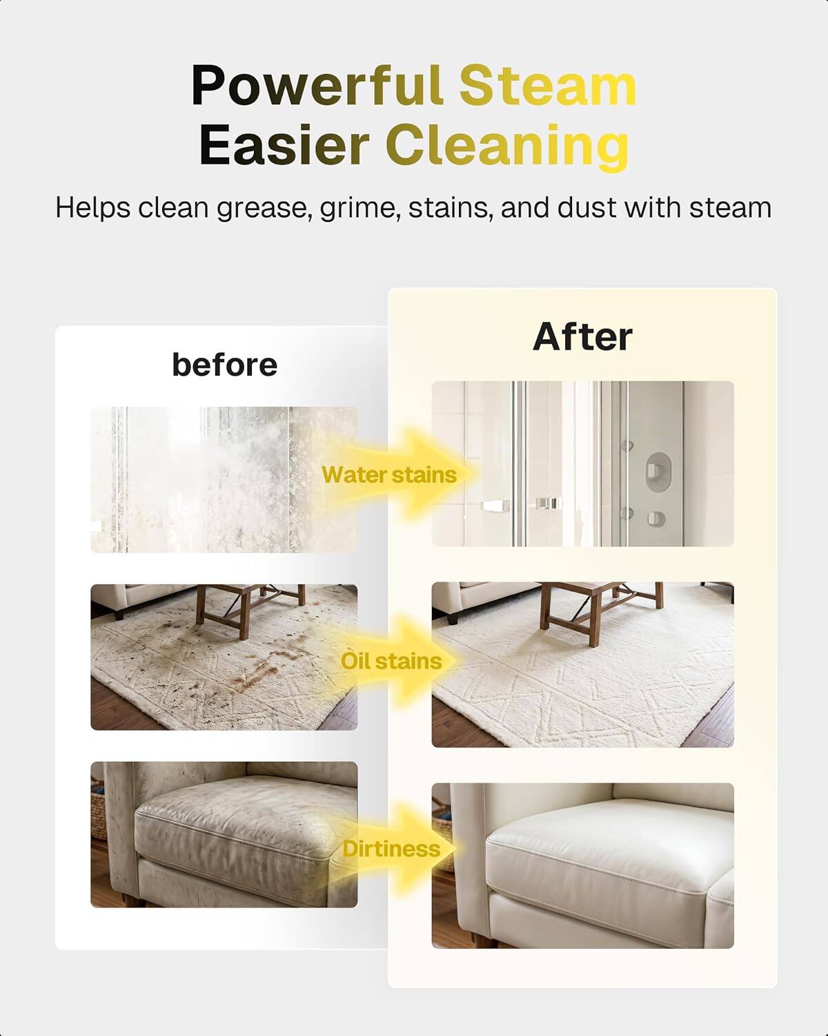 Powerful Steam Easier Cleaning  
Helps clean grease, grime, stains, and dust with steam  

Before  
Water stains  
Oil stains  
Dirtiness  

After