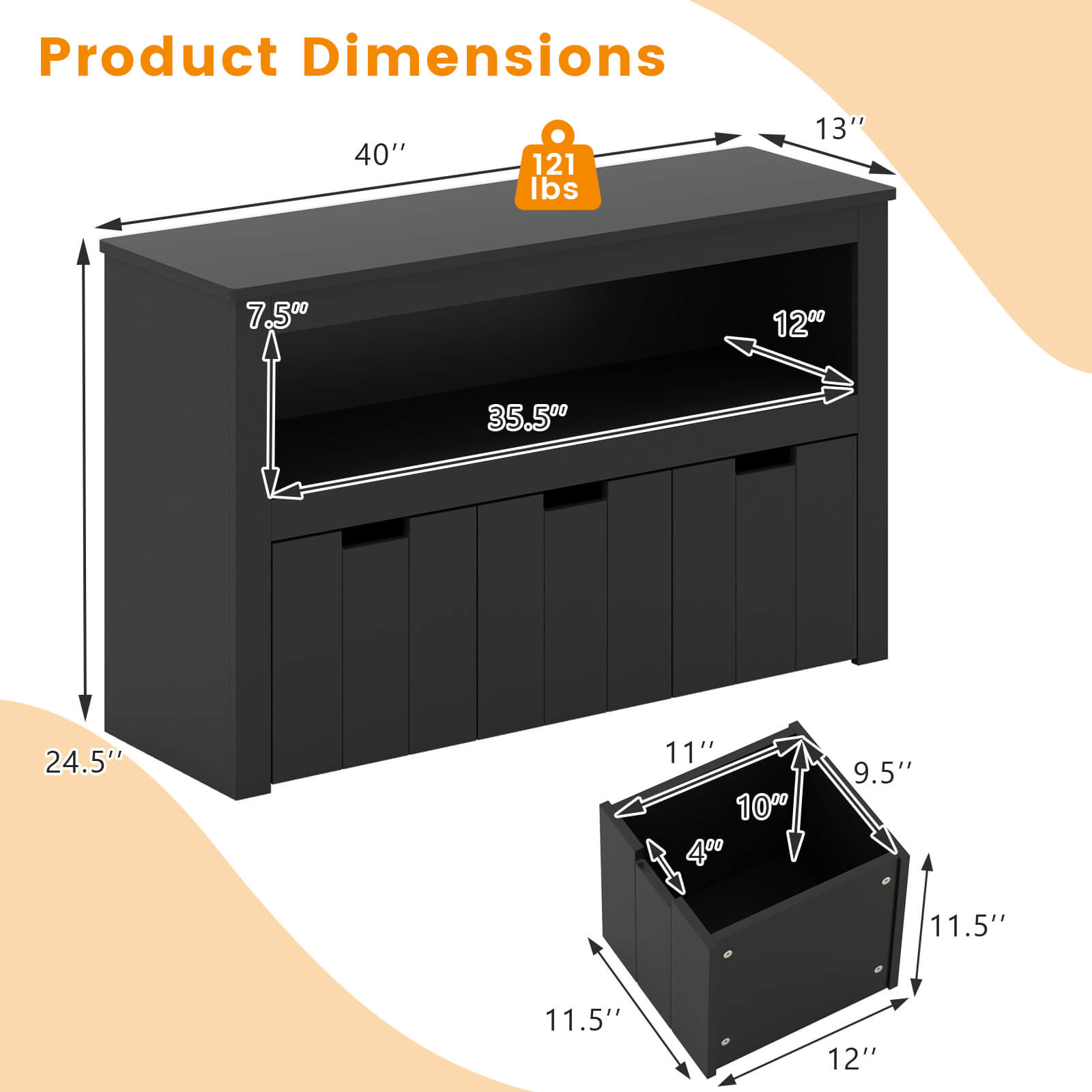Product Dimensions  
40" x 13" x 24.5"  
Weight: 121 lbs  
Drawer Dimensions: 35.5" x 12" x 7.5"  
Drawer Box Dimensions: 11.5" x 12" x 11.5"  
Drawer Box Interior: 10" x 9.5" x 11"