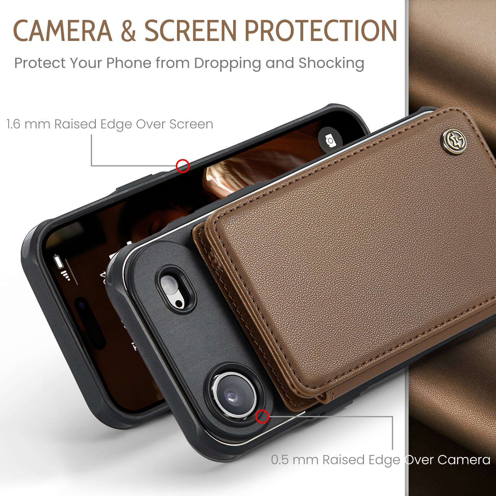 CAMERA & SCREEN PROTECTION  
Protect Your Phone from Dropping and Shocking  

1.6 mm Raised Edge Over Screen  
0.5 mm Raised Edge Over Camera