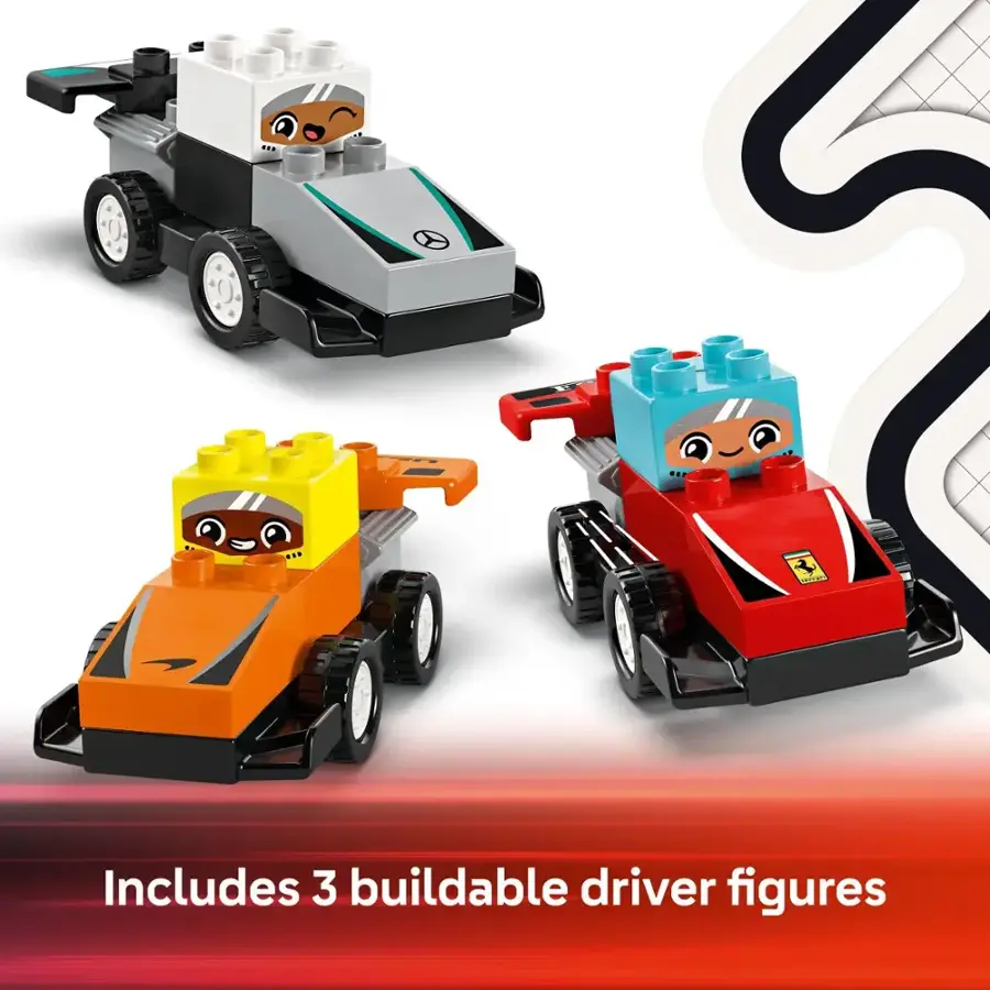 The text on the image reads "Includes 3 buildable driver figures."