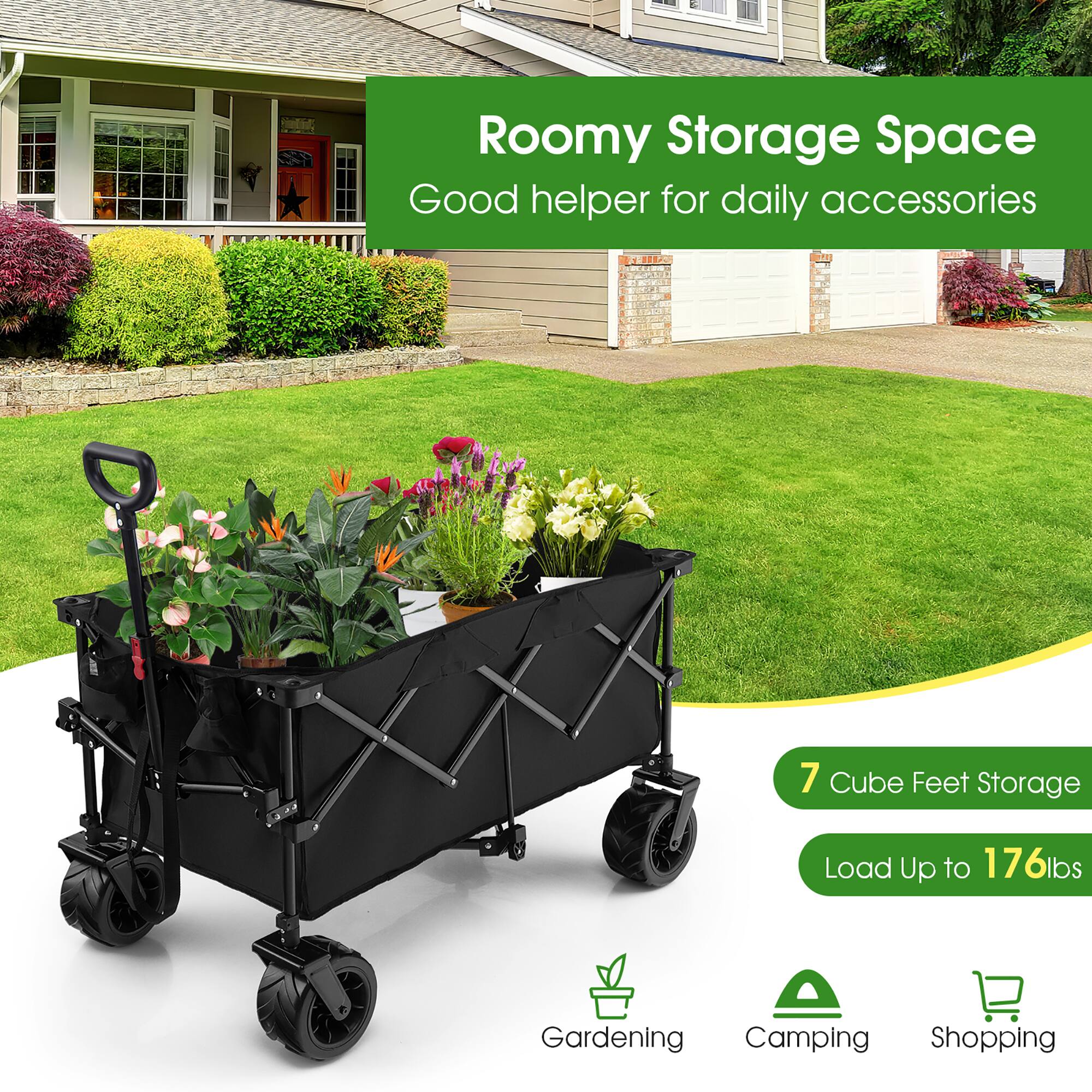Roomy Storage Space: Good helper for daily accessories. 7 Cube Feet Storage. Load Up to 176lbs. Gardening, Camping, Shopping.
