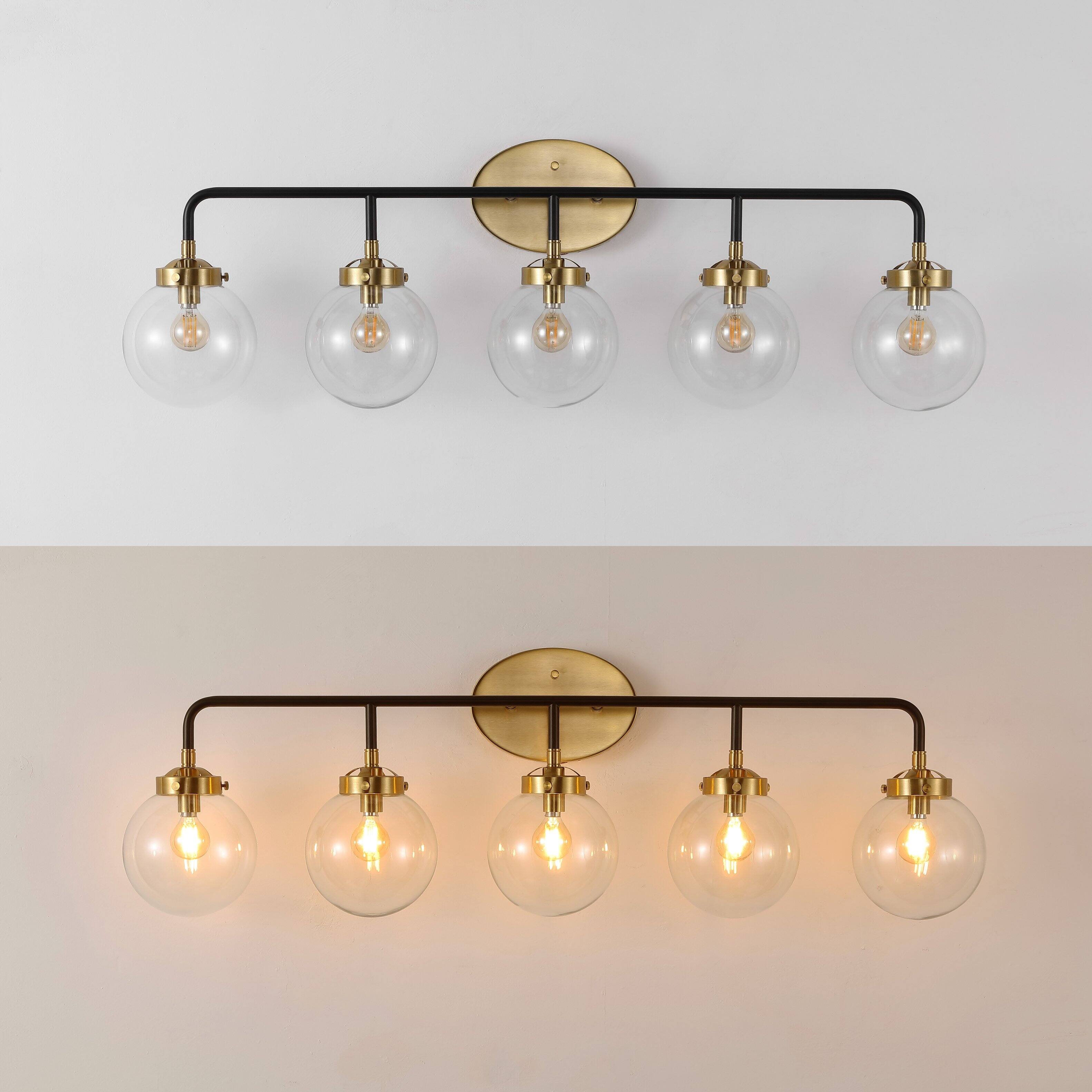 Alt View 4. Jonathan Y - Caleb 38" 5-Light Contemporary Transitional Iron/Glass LED Vanity Light, Brass Gold/Black - Black/Brass Gold.