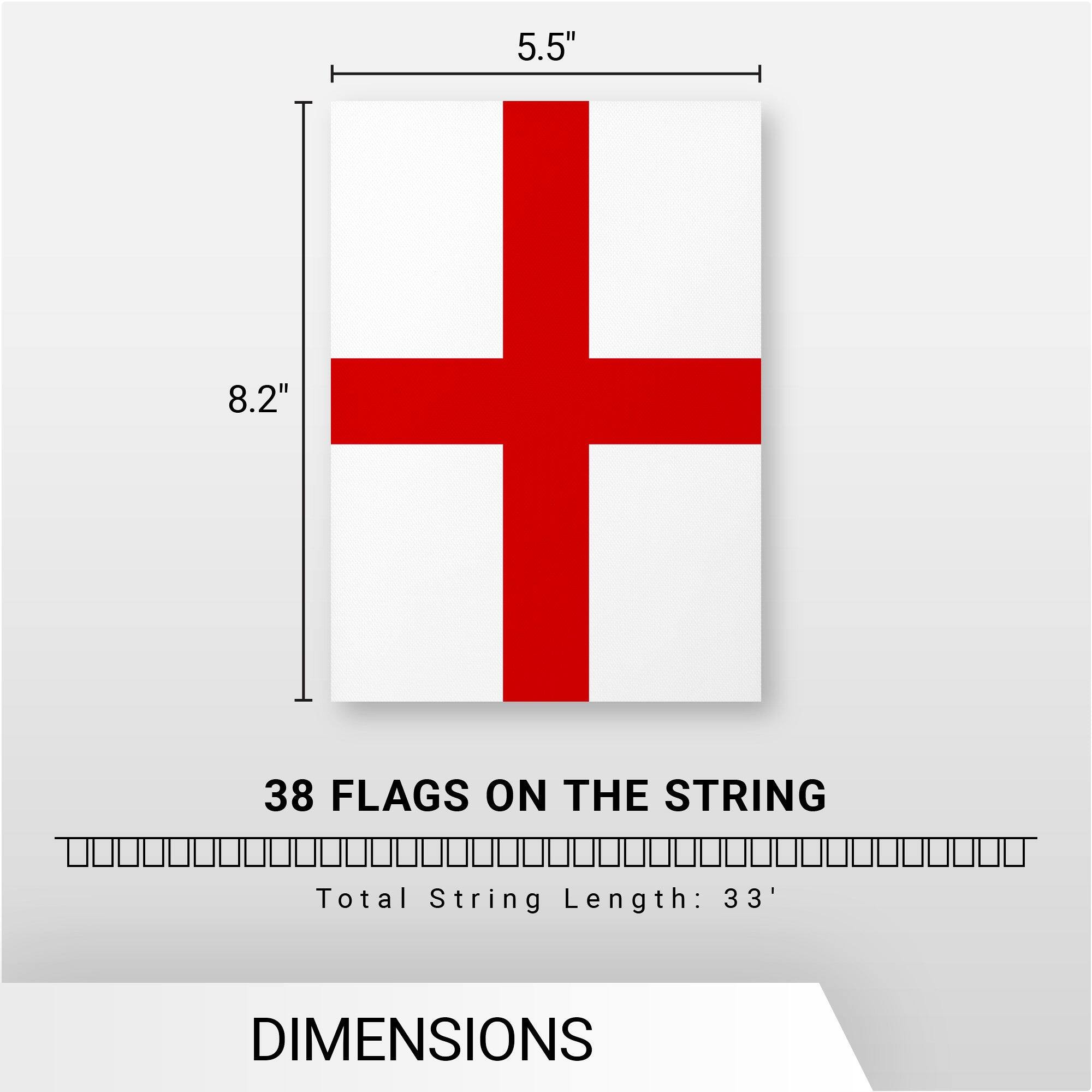 5.5" x 8.2"  
38 FLAGS ON THE STRING  
Total String Length: 33'  
DIMENSIONS