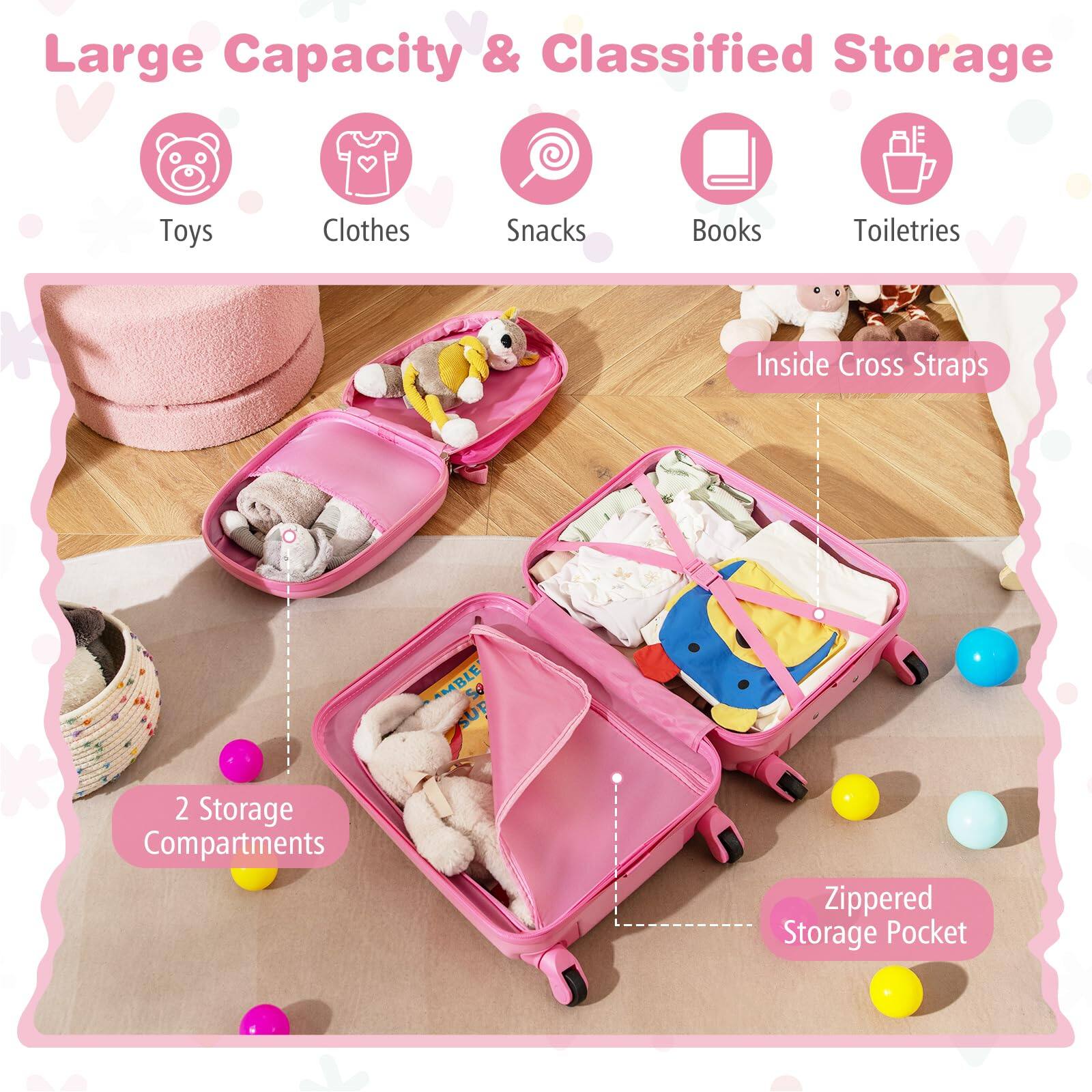 Large Capacity & Classified Storage

Toys  
Clothes  
Snacks  
Books  
Toiletries  

Inside Cross Straps  

2 Storage Compartments  

Zippered Storage Pocket