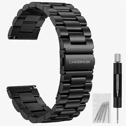 Front. Carbinox - CARBINOX Metal Band Durable 22mm Compatible Smartwatches with Toolkit Included - Stainless Steel, Adjustable, Secure Fit - Black.
