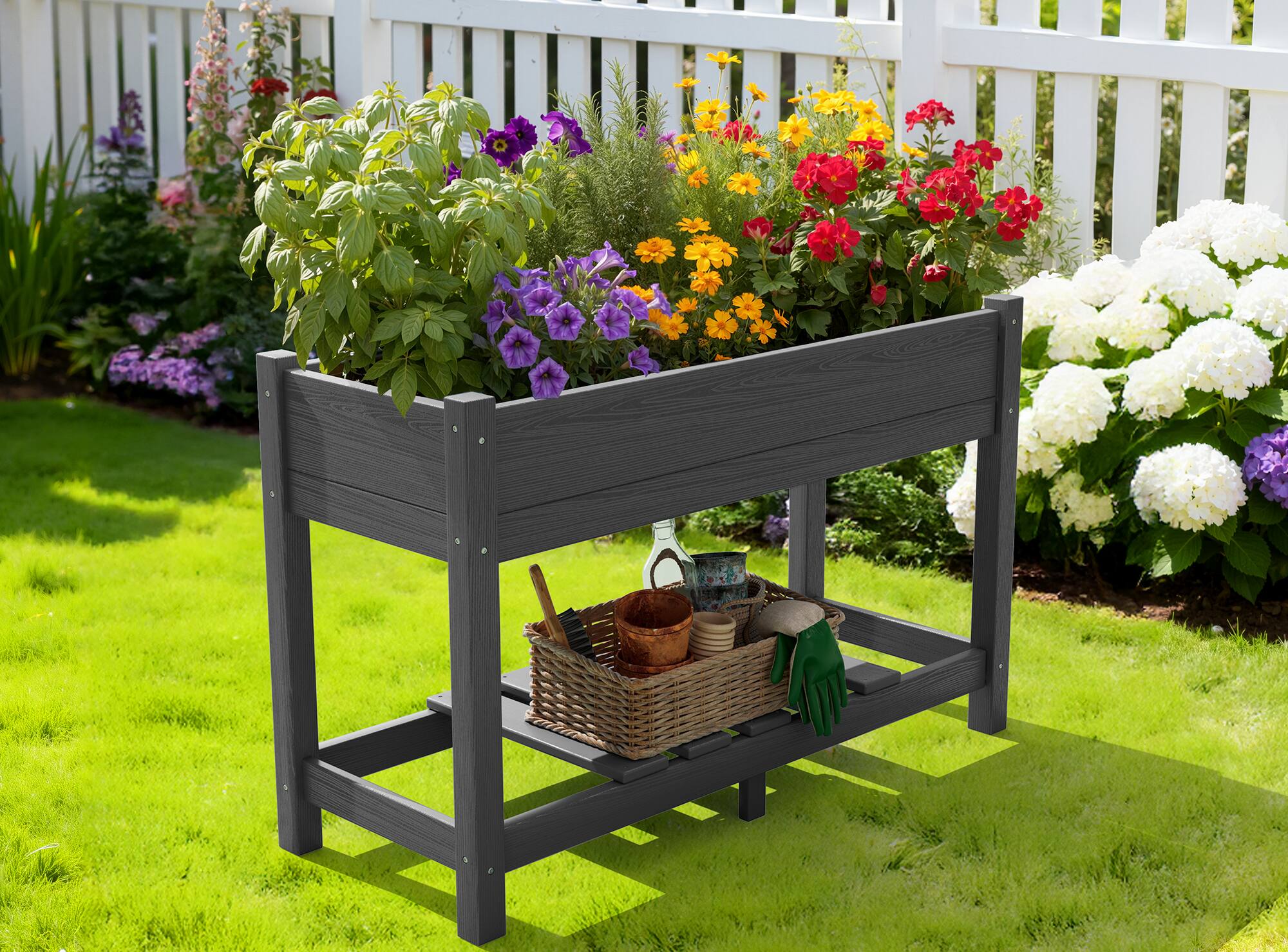 Alt View 4. SERWALL - SERWALL Raised Garden Bed with Legs-Gray,HDPE Elevated Planter with Storage Shelf & Drainage Holes - gray.