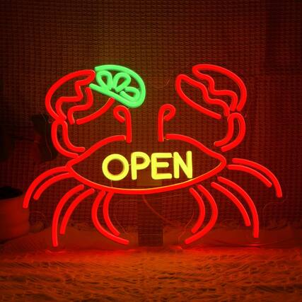 Front. Auledio - Crab Open Neon Sign for Business Decor Striking Seafood Open Neon Light Dimmable Crab Led Light Sign for Restaurant - Multicolor.
