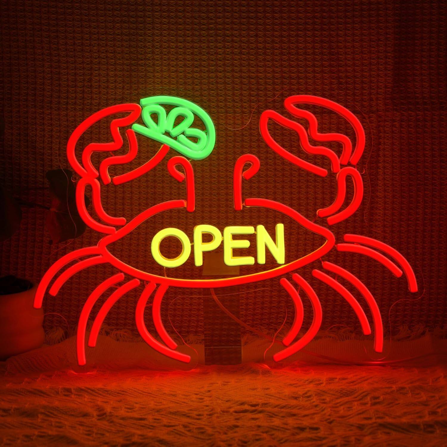 Front. Auledio - Crab Open Neon Sign for Business Decor Striking Seafood Open Neon Light Dimmable Crab Led Light Sign for Restaurant - Multicolor.