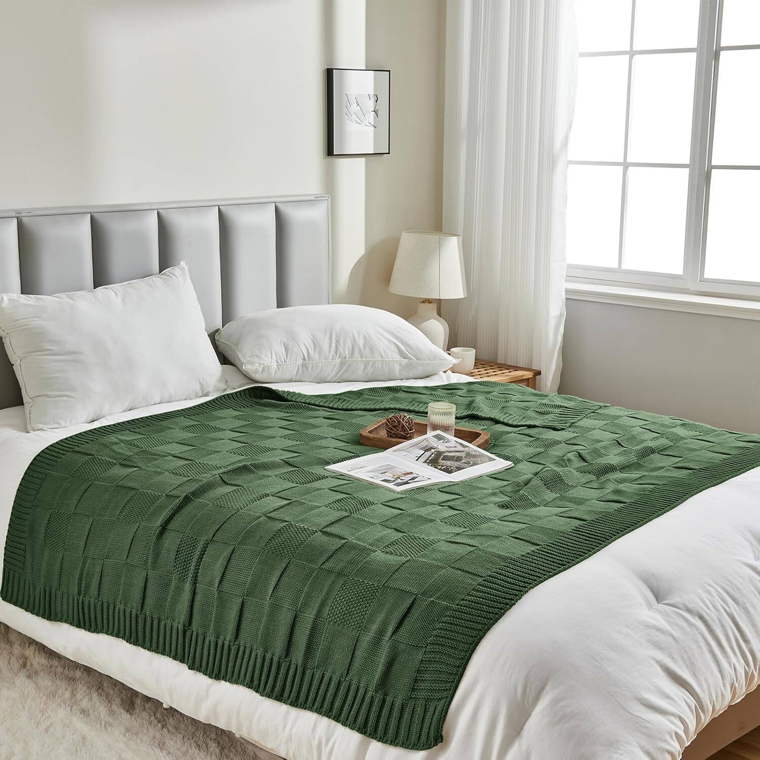 Alt View 1. blue - Paaaawaters Check Knit Throw Blanket, Christmas Green Checkered Bedroom Blanket for Couch, Soft Cozy Warm Knitted - color:Pink+size:60"X80".