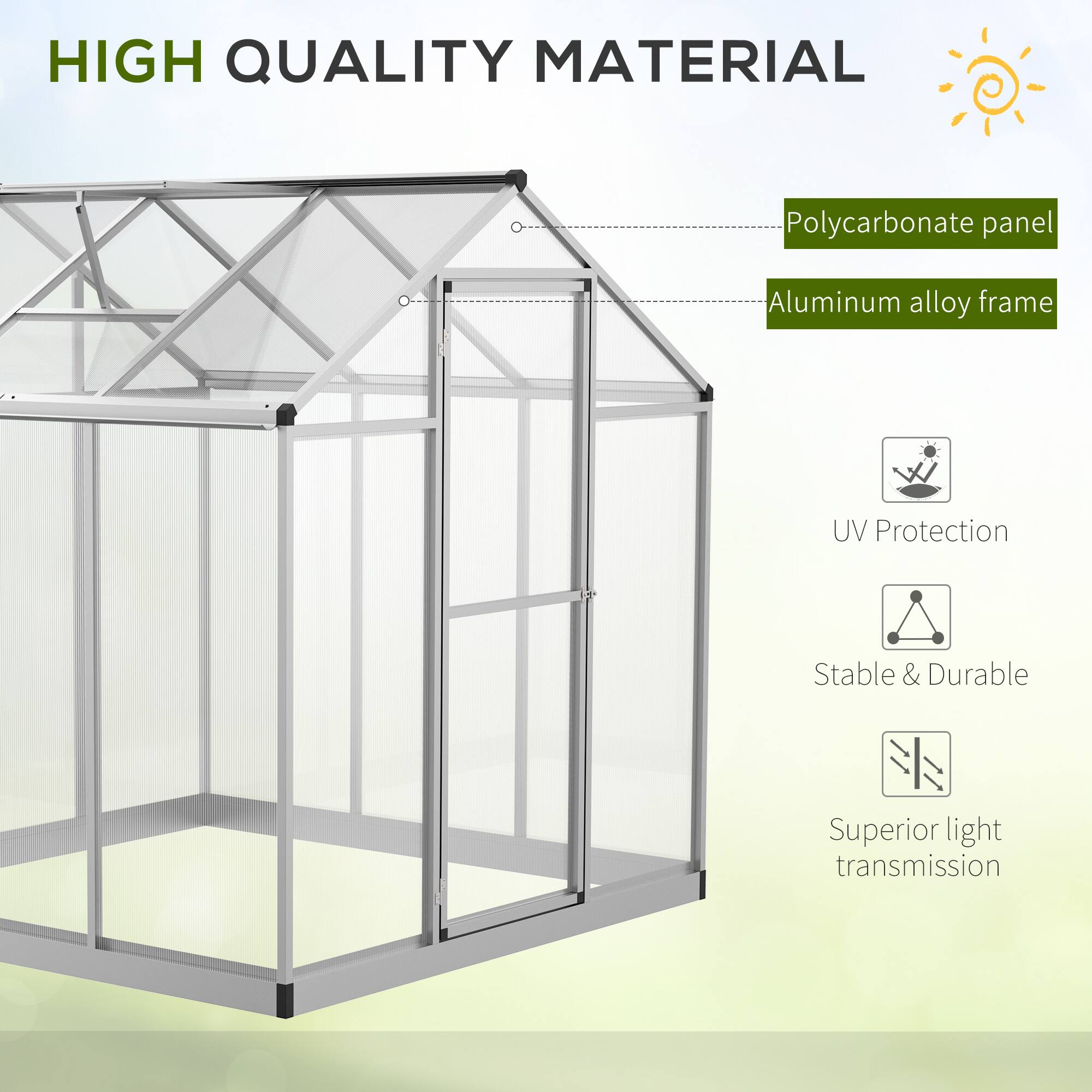 HIGH QUALITY MATERIAL
Polycarbonate panel
Aluminum alloy frame
UV Protection
Stable & Durable
Superior light transmission