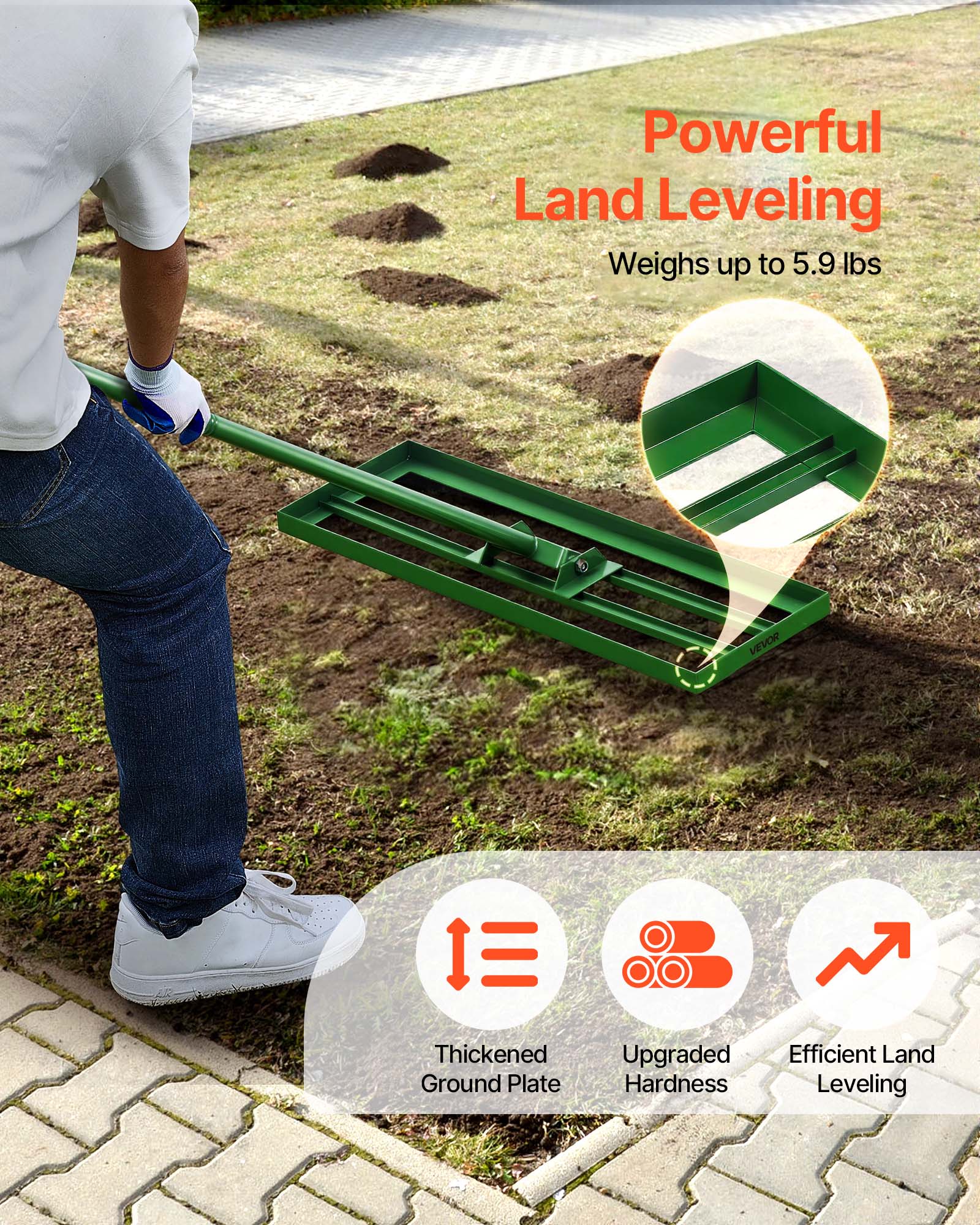 Powerful Land Leveling  
Weighs up to 5.9 lbs  

Thickened Ground Plate  
Upgraded Hardness  
Efficient Land Leveling