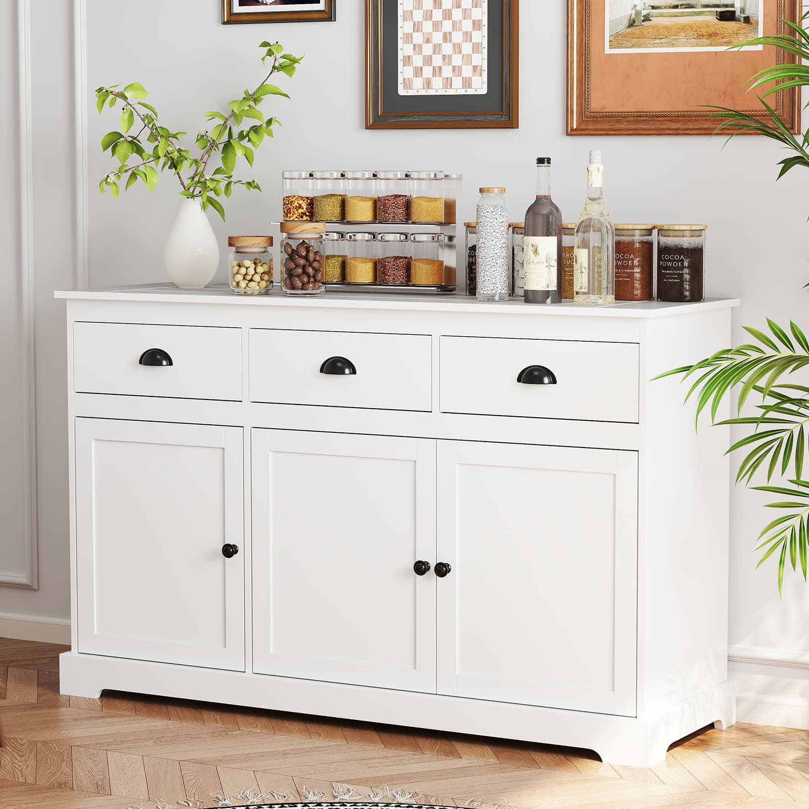 Gymax - Modern Buffet Sideboard 53.5'' Storage Cabinet w/ 3 Drawers 3 Doors - White