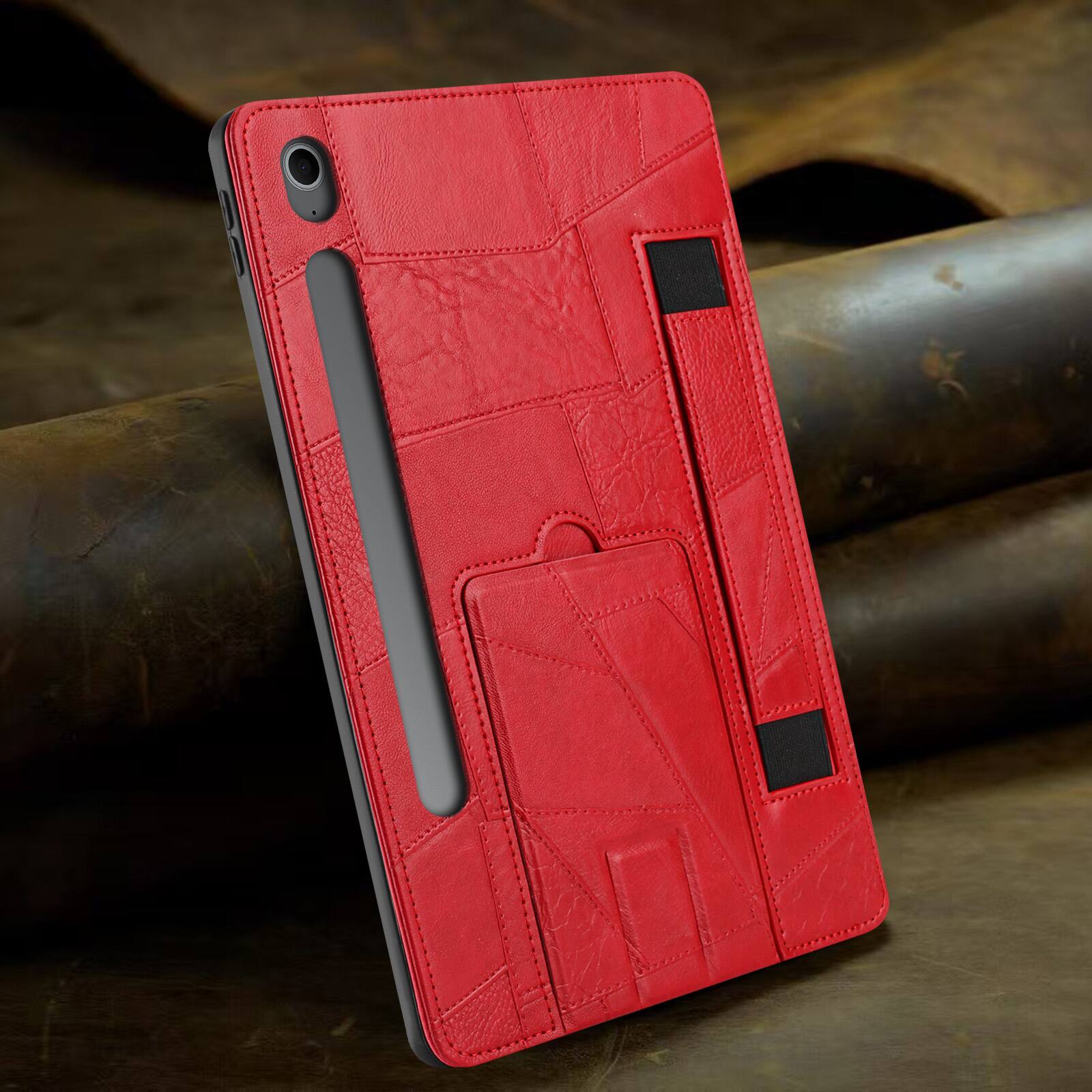 Back. Dteck - Leather Texture Case for Samsung Galaxy Tab S10 FE, Shockproof Cover with Multi-Angle Stand and Secure Hand Strap - Red.