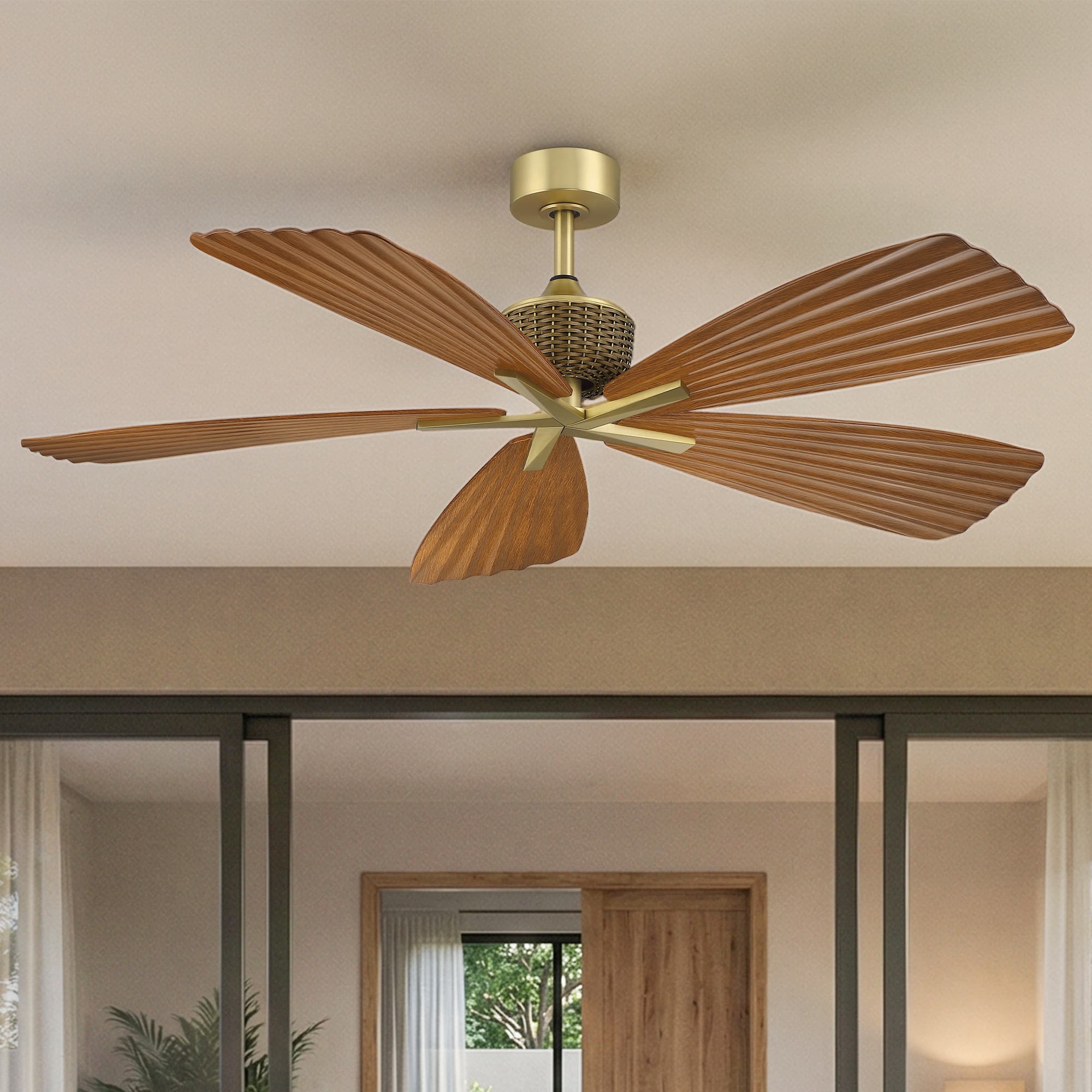 Parrot Uncle - 56" Brown Tropical Pleated Leaf 5-Blade Indoor Outdoor Ceiling Fan with Remote, No Light - Gold