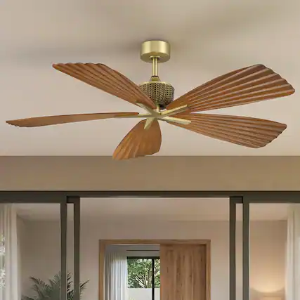 Front. Parrot Uncle - 56" Brown Tropical Pleated Leaf 5-Blade Indoor Outdoor Ceiling Fan with Remote, No Light - Gold.