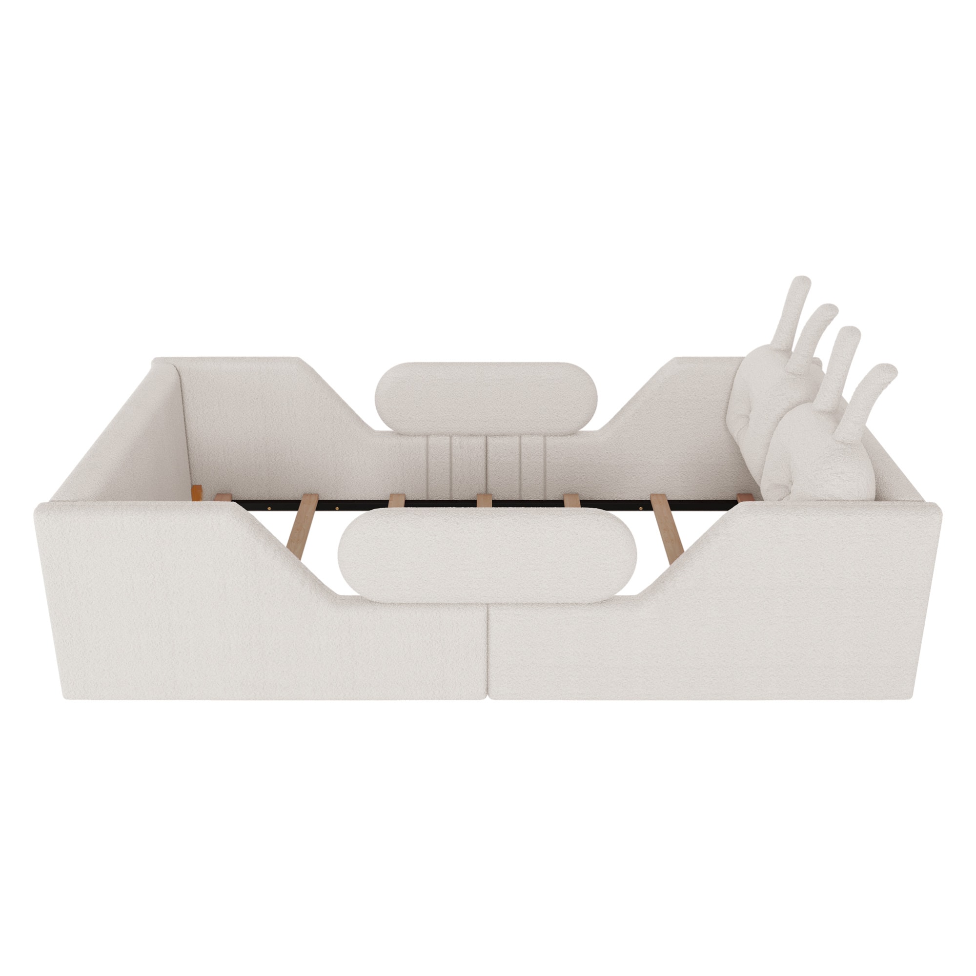 GOODSILO - Twin Size Upholstered Platform Bed with Decorative Cushions and Removable Safety Rails for Children - White