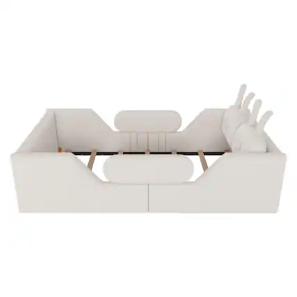 Front. GOODSILO - Twin Size Upholstered Platform Bed with Decorative Cushions and Removable Safety Rails for Children - White.