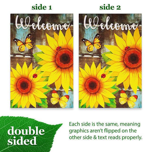 side 1 side 2  
Welcome Welcome  

double sided  

Each side is the same, meaning graphics aren't flipped on the other side & text reads properly.