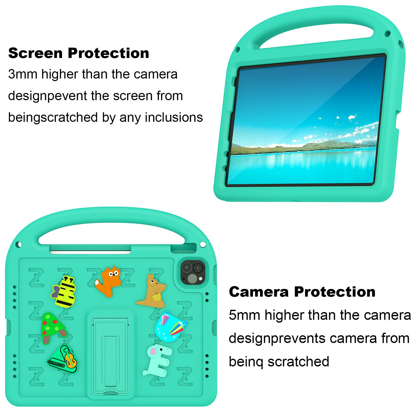Screen Protection  
3mm higher than the camera design prevents the screen from being scratched by any inclusions

Camera Protection  
5mm higher than the camera design prevents the camera from being scratched