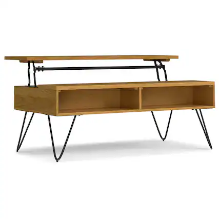 Front. Simpli Home - Hunter 48 inch Wide Rectangle Industrial Lift Top Coffee Table in Oak Veneer - Oak Veneer.