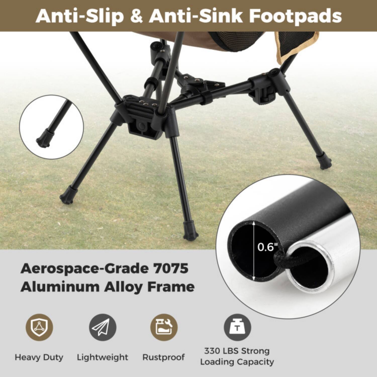 Anti-Slip & Anti-Sink Footpads

Aerospace-Grade 7075 Aluminum Alloy Frame

0.6" Diameter

330 LBS Strong Loading Capacity

Heavy Duty
Lightweight
Rustproof