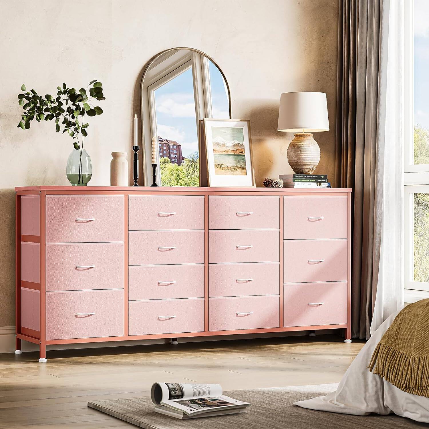 Back. GARVEE - 14 Drawer Dresser, 63" Fabric TV Stand, Power Outlet, Long Storage Chest for 65-75" TV, Bedroom, Living, Pink - Pink.