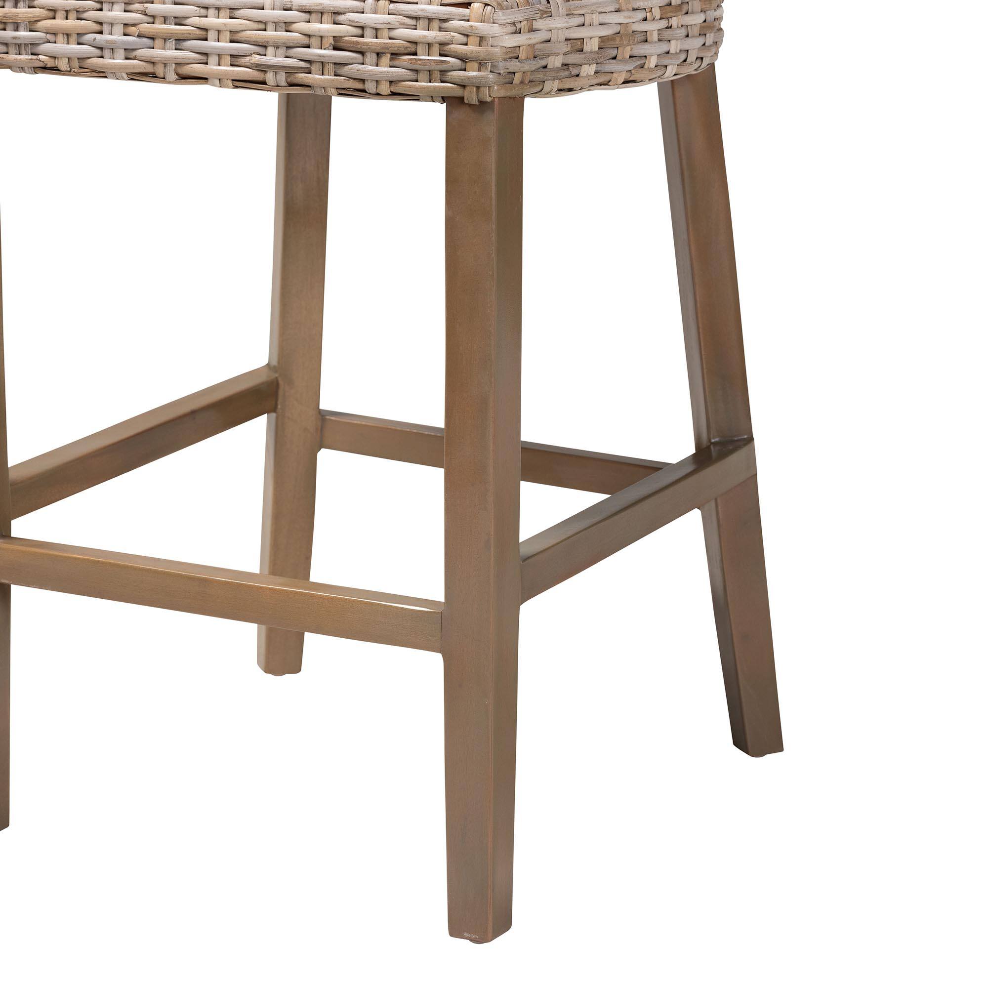 Alt View 2. bali & pari - Enver Modern Bohemian Kubu Rattan and Mahogany Wood Counter Stool - Kubu Grey/Rustic Taupe.