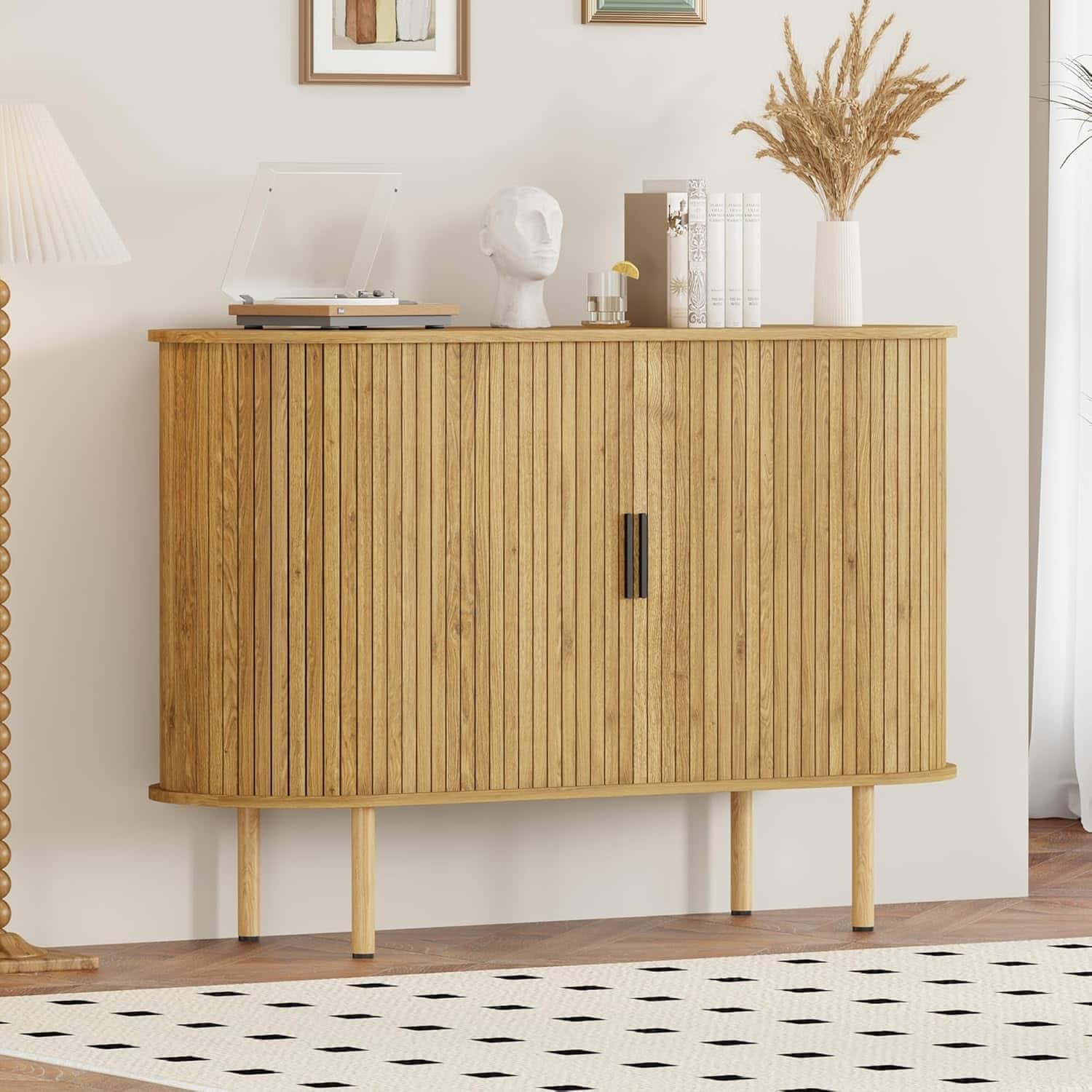 GARVEE - 47" Fluted Sideboard Cabinet with Sliding Doors,Modern Wood Storage Cabinet with Adjustable Shelves,Accent Console Table - Oak